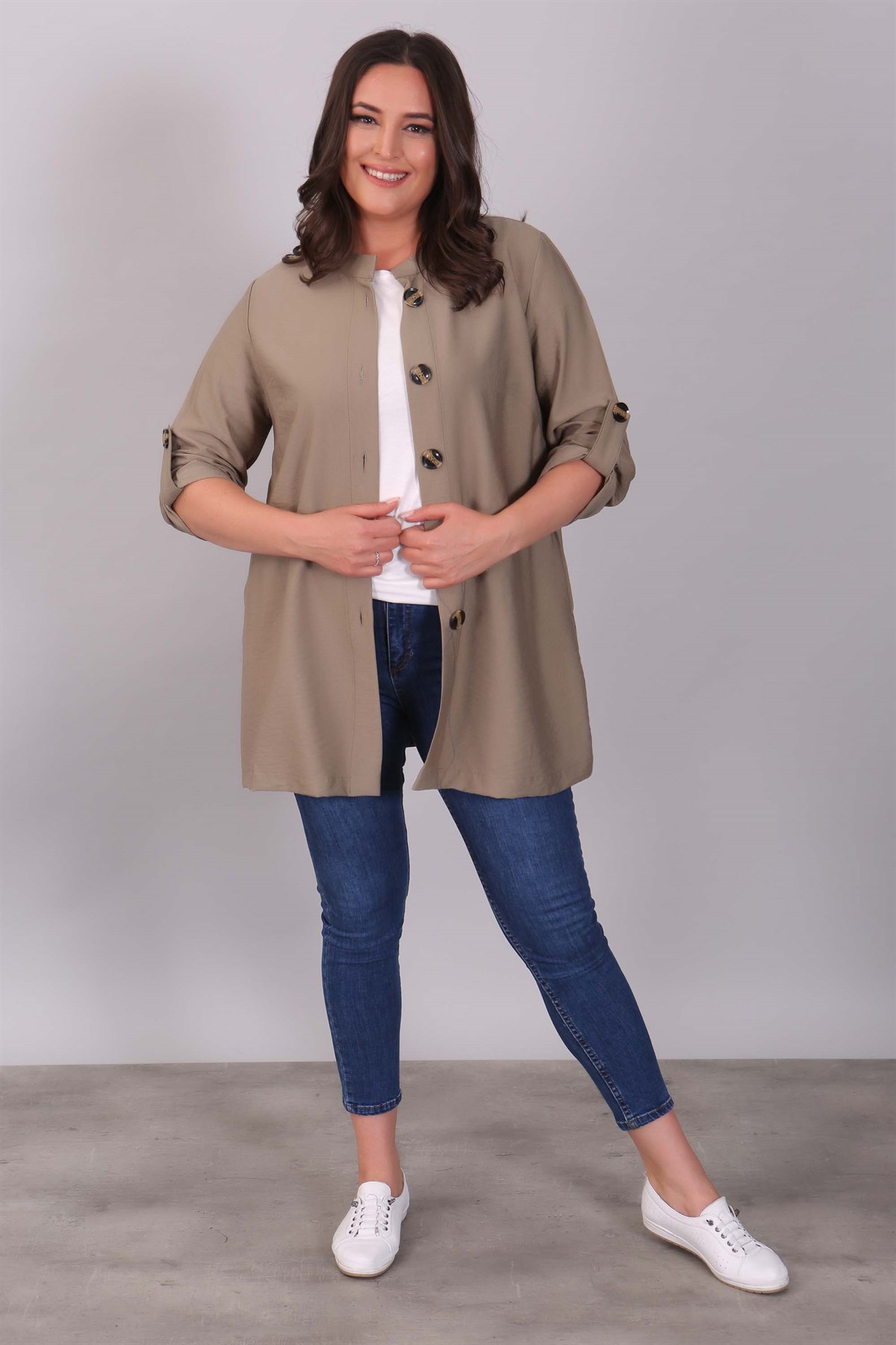 Düğmeli Hakim Yaka Haki Ceket