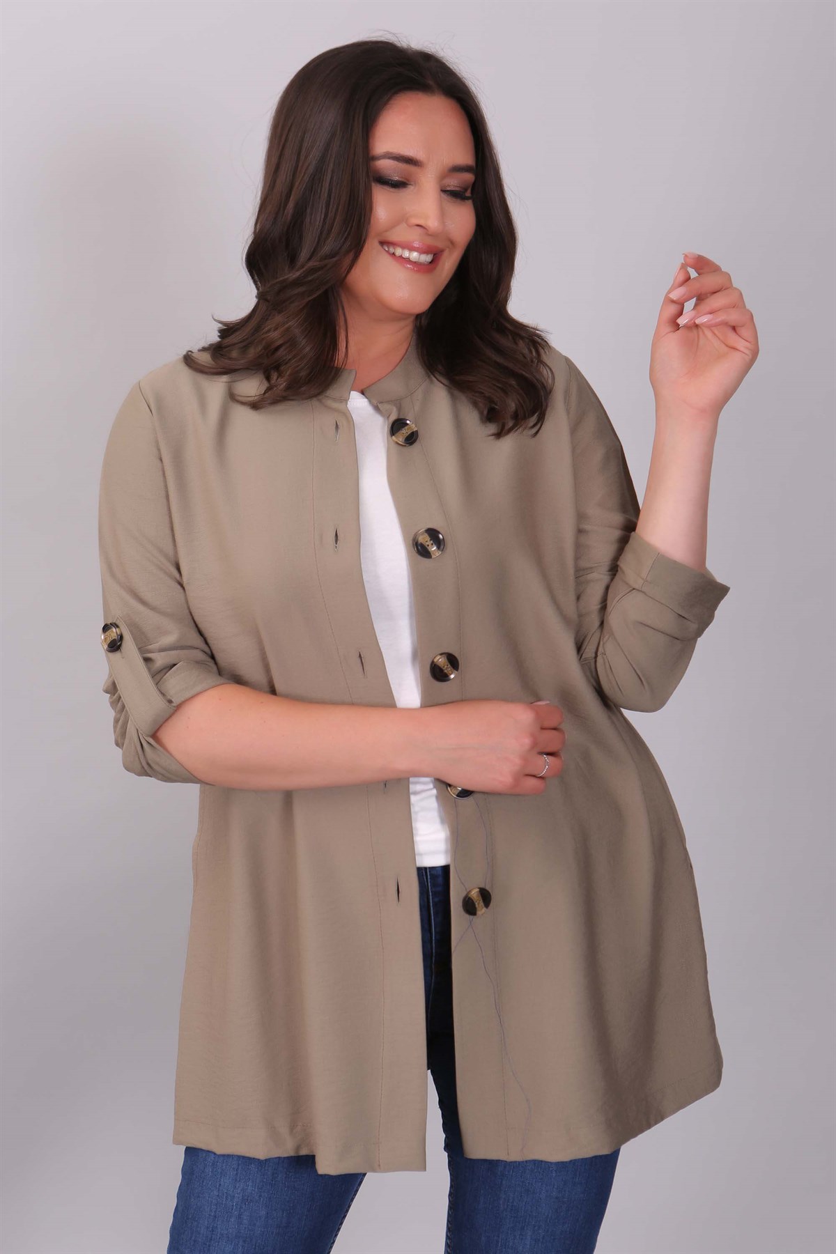 Düğmeli Hakim Yaka Haki Ceket