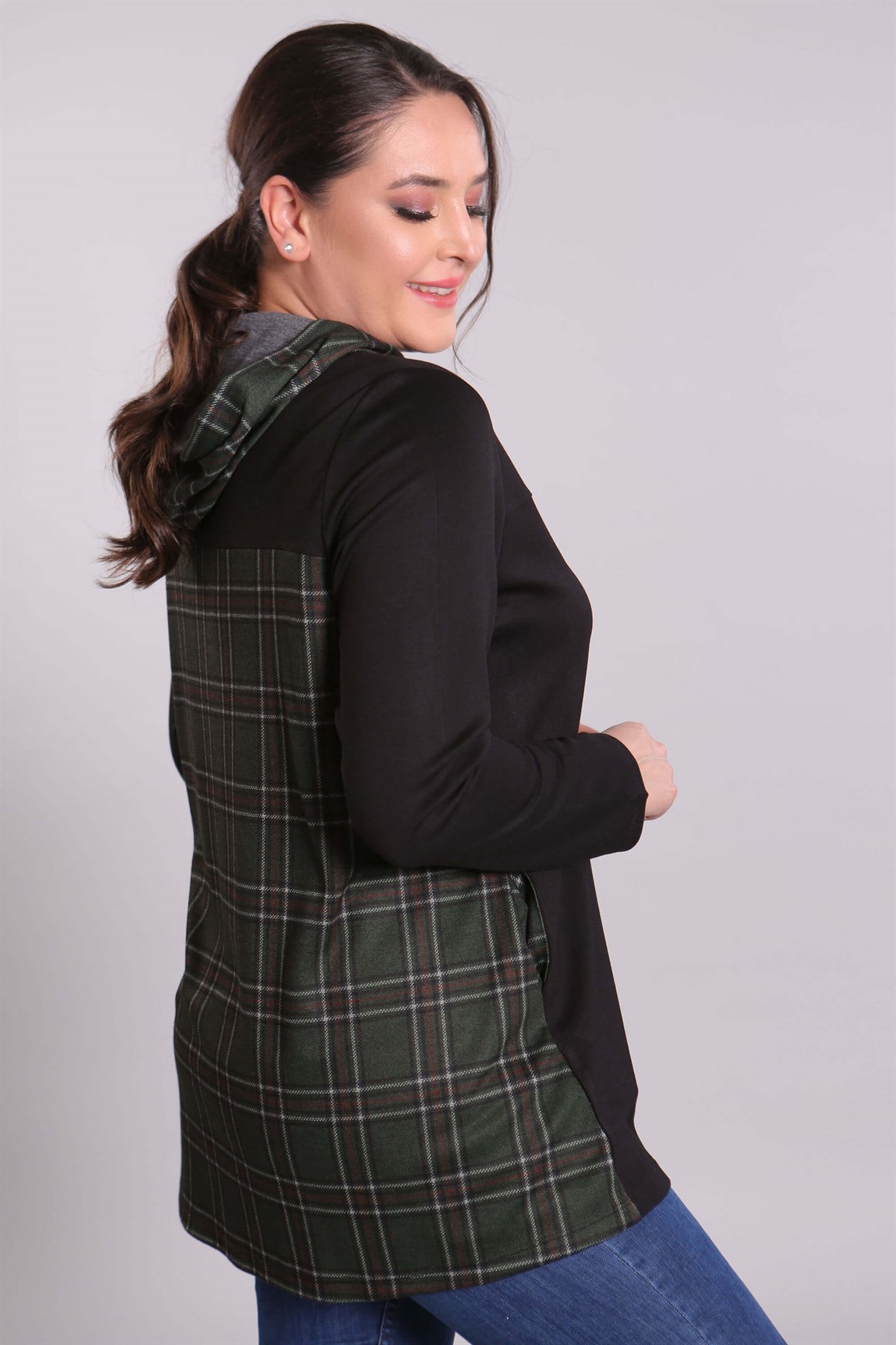 Ekose Kapşonlu Yeşil Sweat