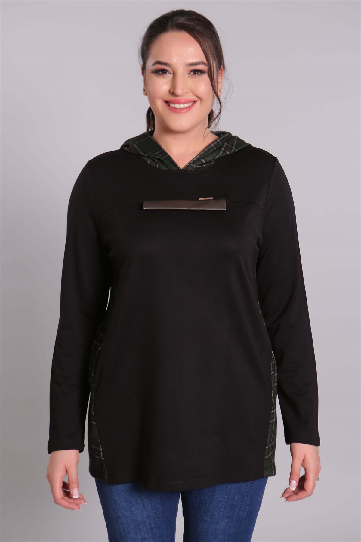 Ekose Kapşonlu Yeşil Sweat