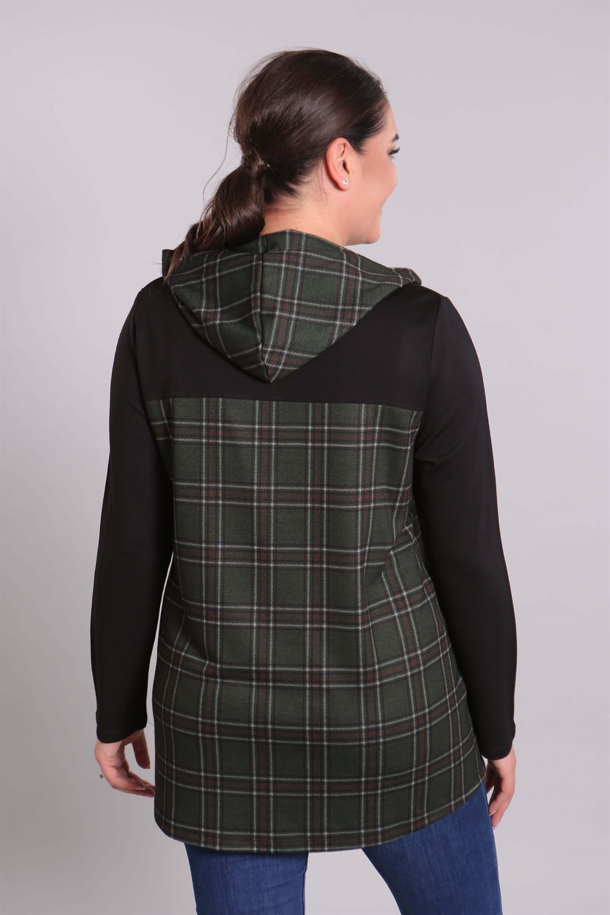 Ekose Kapşonlu Yeşil Sweat