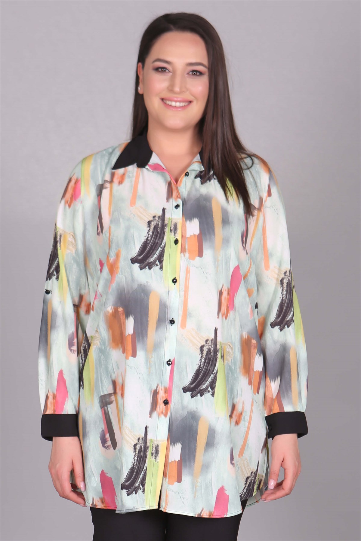 Fırça Desen Baskılı Mint Tunik Gömlek