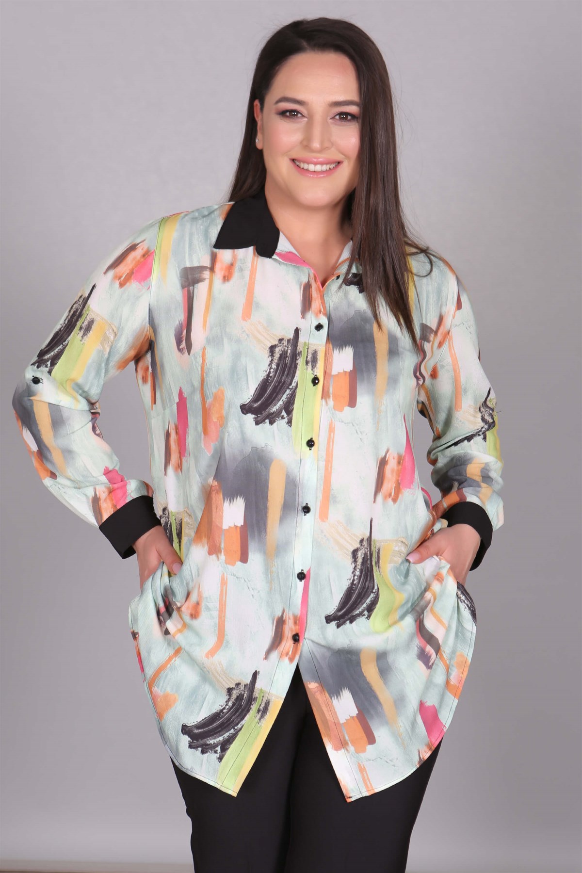 Fırça Desen Baskılı Mint Tunik Gömlek
