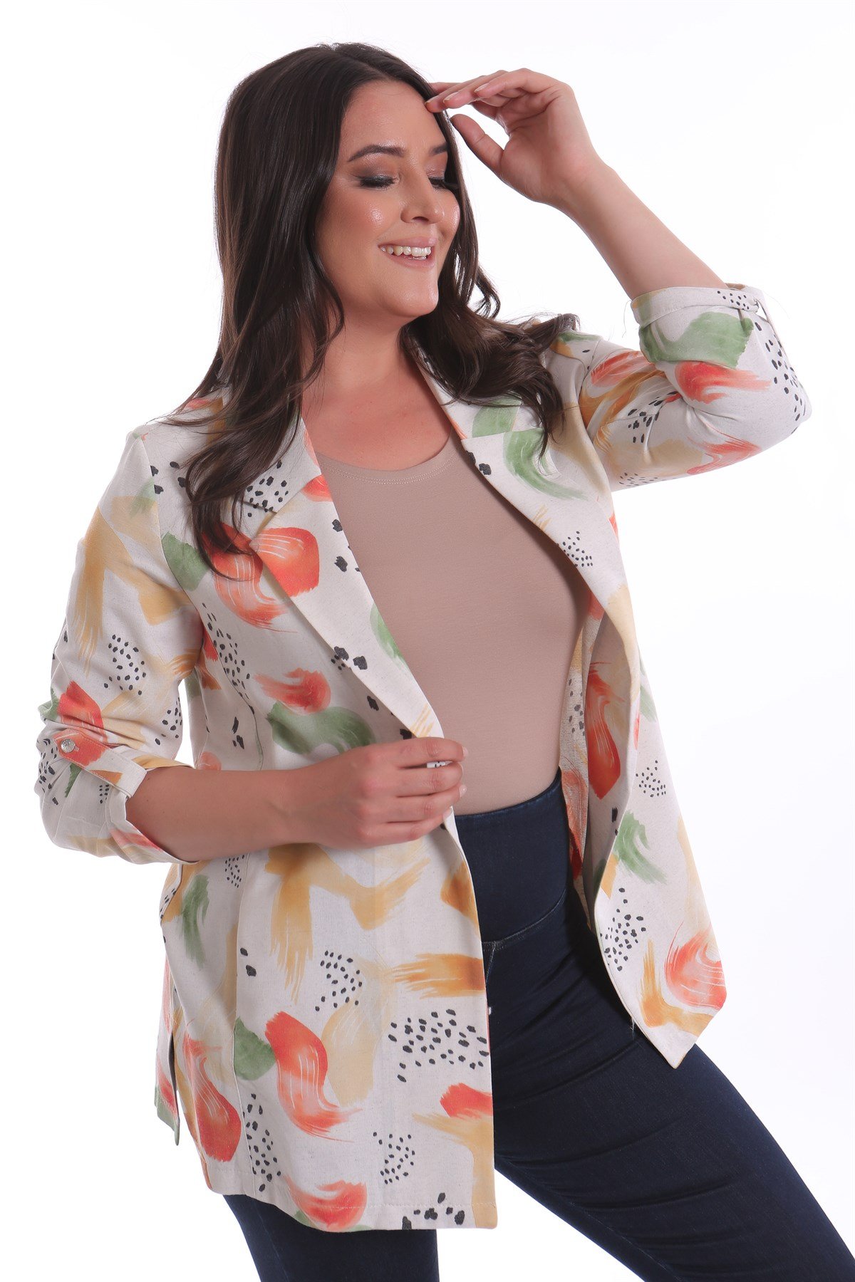 Fırça Desenli Keten Hardal Ceket 