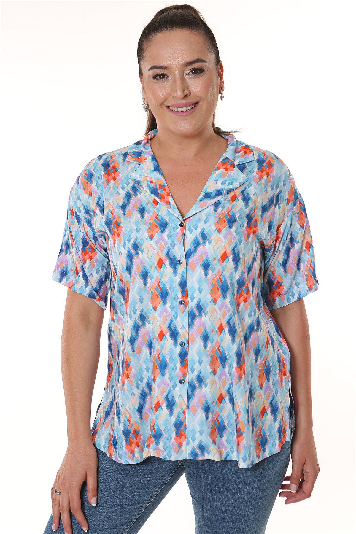 Geometrik Desen Erkek Yaka Kısa Kol Mavi Gömlek 