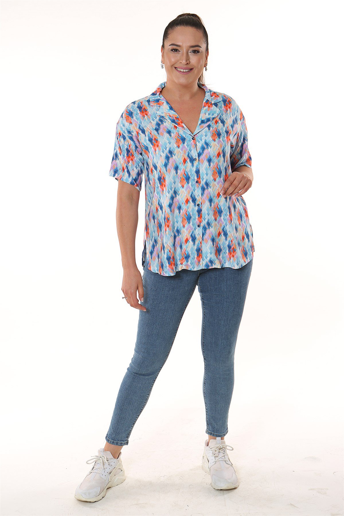 Geometrik Desen Erkek Yaka Kısa Kol Mavi Gömlek 