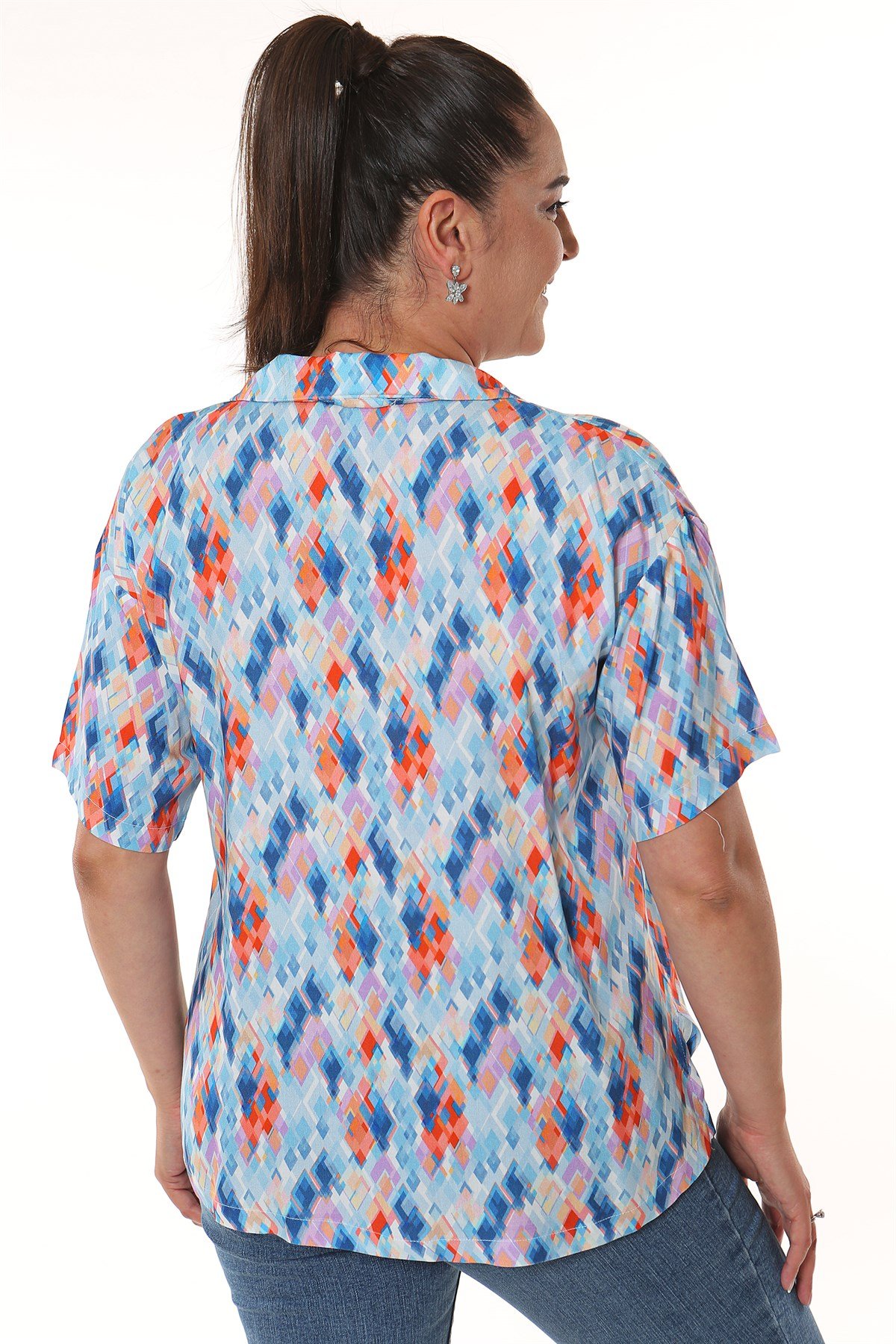 Geometrik Desen Erkek Yaka Kısa Kol Mavi Gömlek 