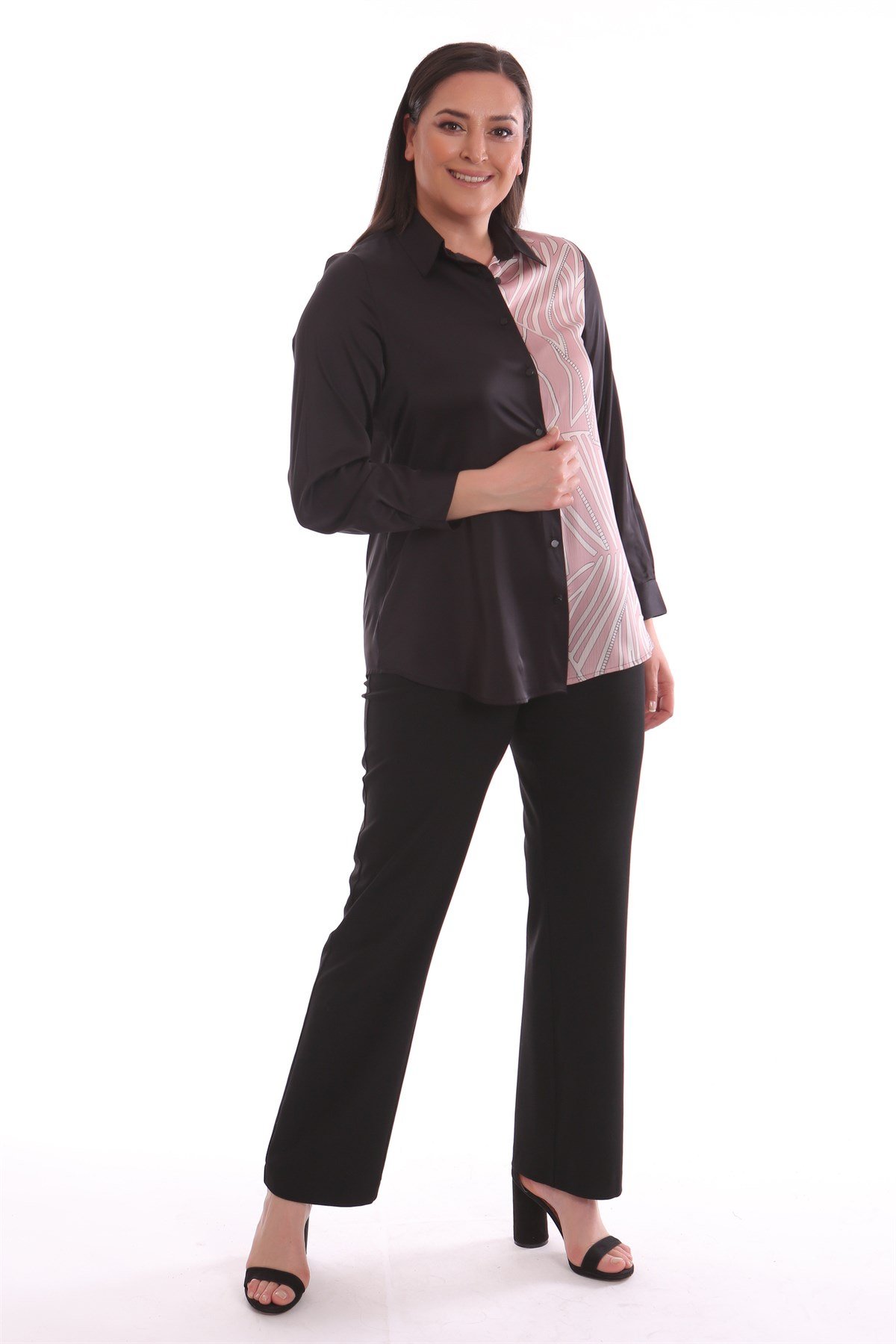 Geometrik Desen Garnili Saten Pudra Gömlek