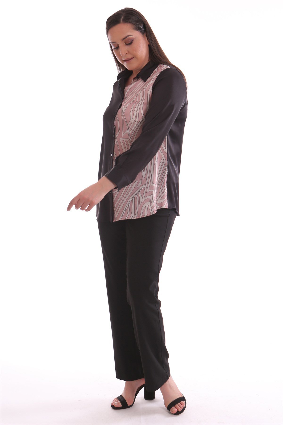 Geometrik Desen Garnili Saten Pudra Gömlek