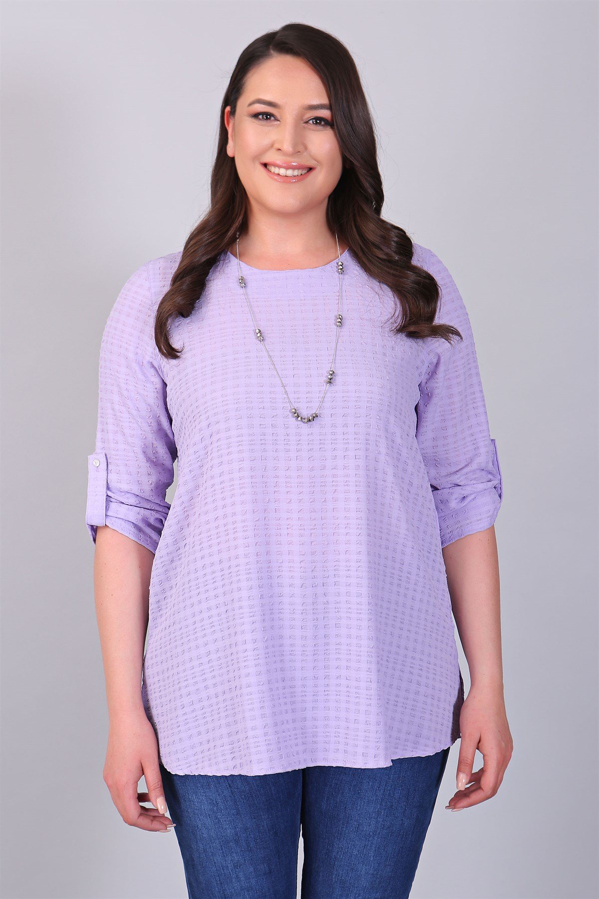Gofre Desen Yırtmaçlı Lila Tunik