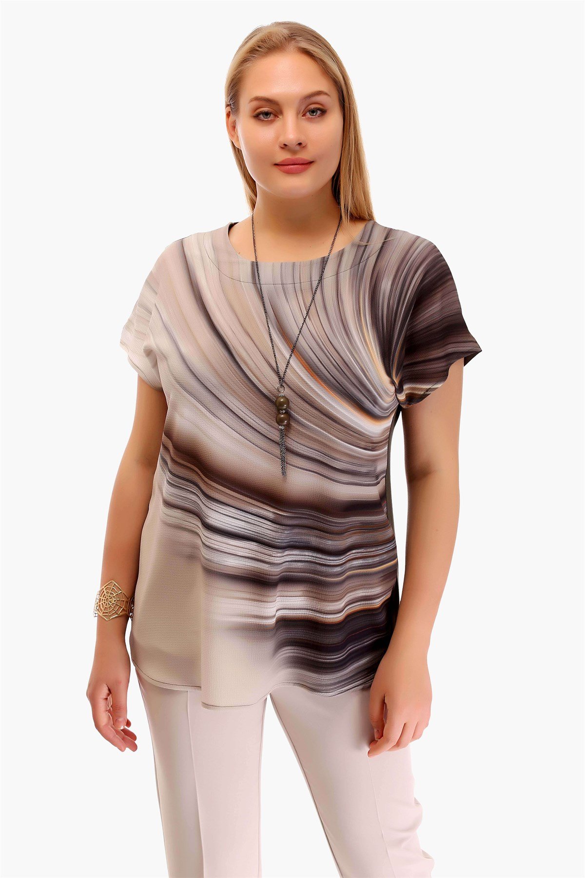 Haki Dalga Desenli Düşük Kol Bluz