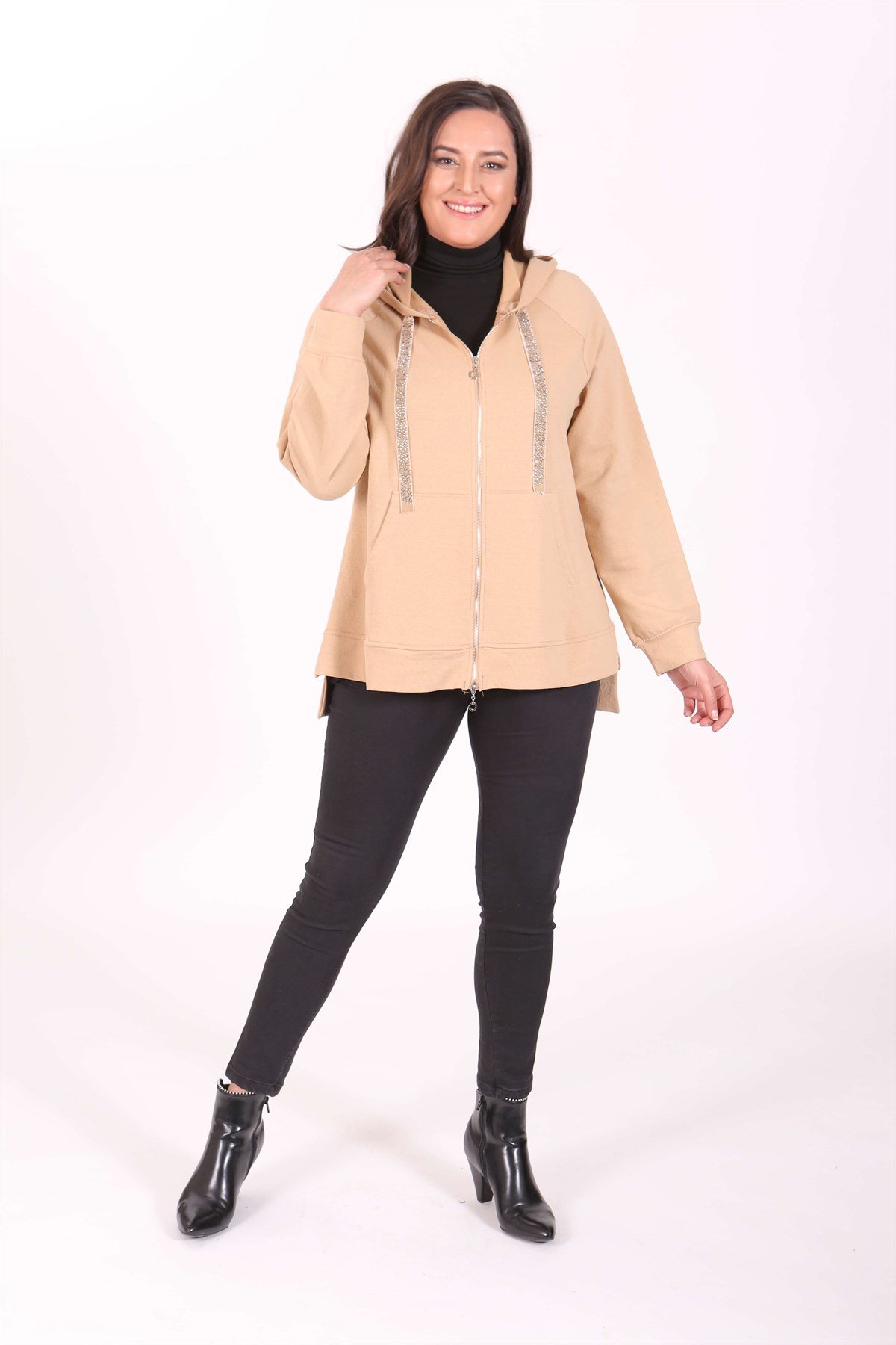 Kapüşonlu Cepli Bej Sweat