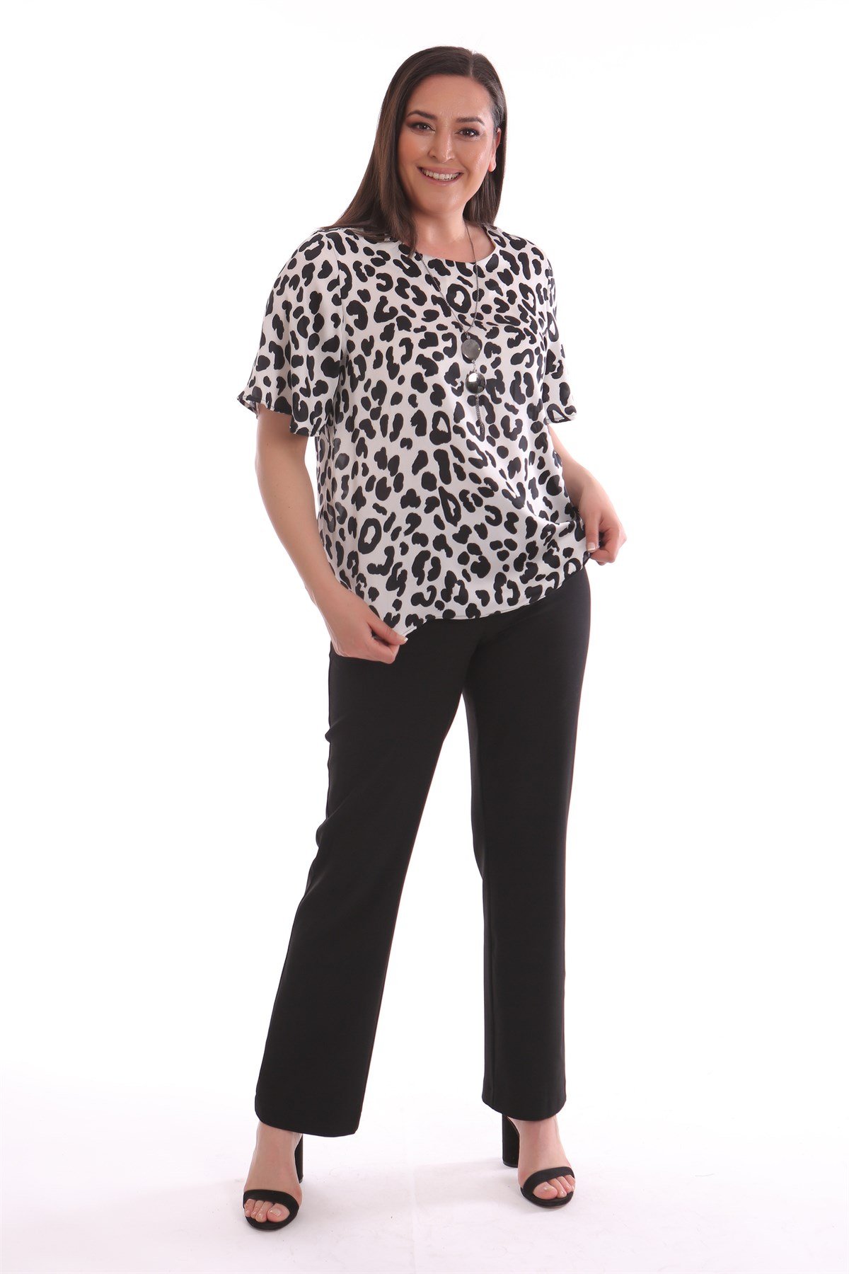 Leopar Desenli Saten Ekru Bluz