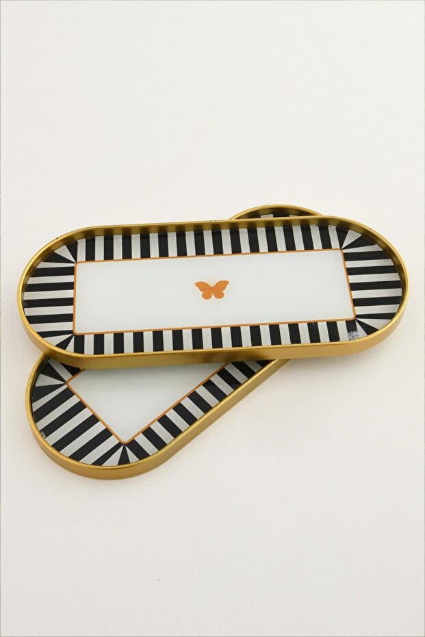 Metpoint Kelebek Desen Detaylı Cam Sunum Tepsisi Gold 2 Adet 12x30 cm