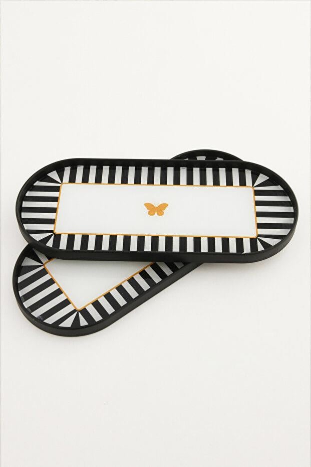 Metpoint Kelebek Desen Detaylı Cam Sunum Tepsisi Siyah 2 Adet 12x30 cm