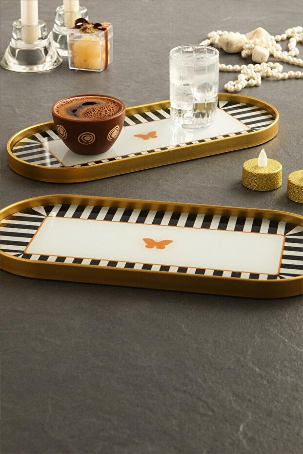 Metpoint Kelebek Desen Detaylı Cam Sunum Tepsisi Gold 2 Adet 12x30 cm