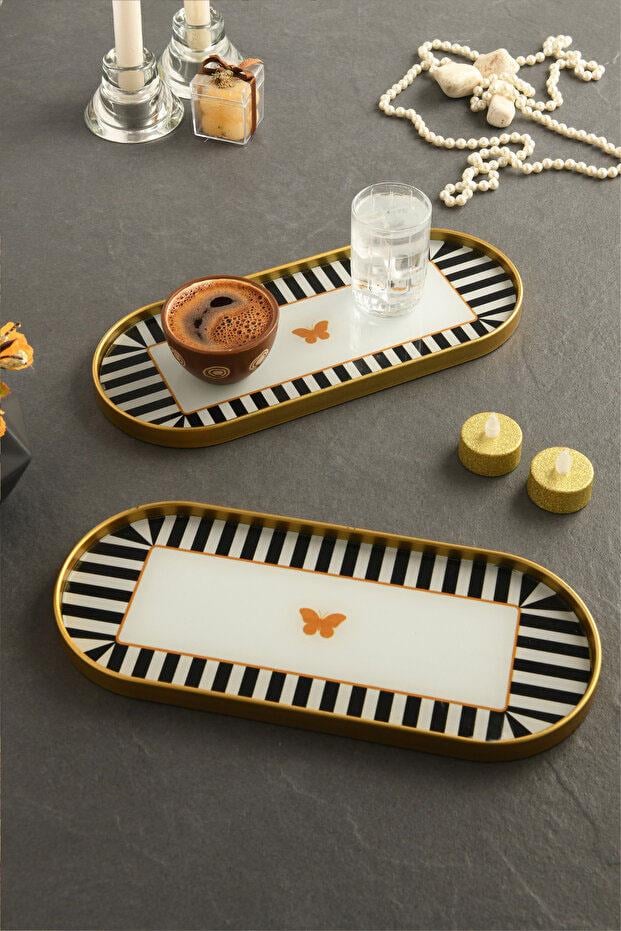 Metpoint Kelebek Desen Detaylı Cam Sunum Tepsisi Gold 2 Adet 12x30 cm