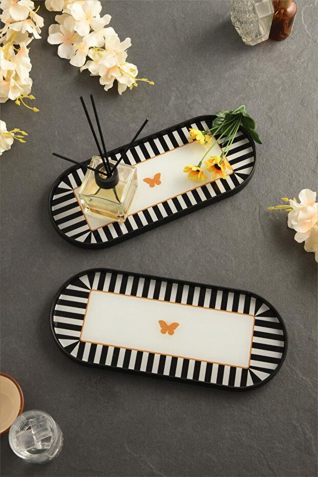 Metpoint Kelebek Desen Detaylı Cam Sunum Tepsisi Siyah 2 Adet 12x30 cm