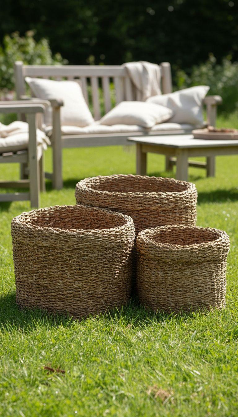 Metpoint Natura Dekoratif Natural Renk Yuvarlak Seagrass Kare Hasır Sepet 3'lü Set