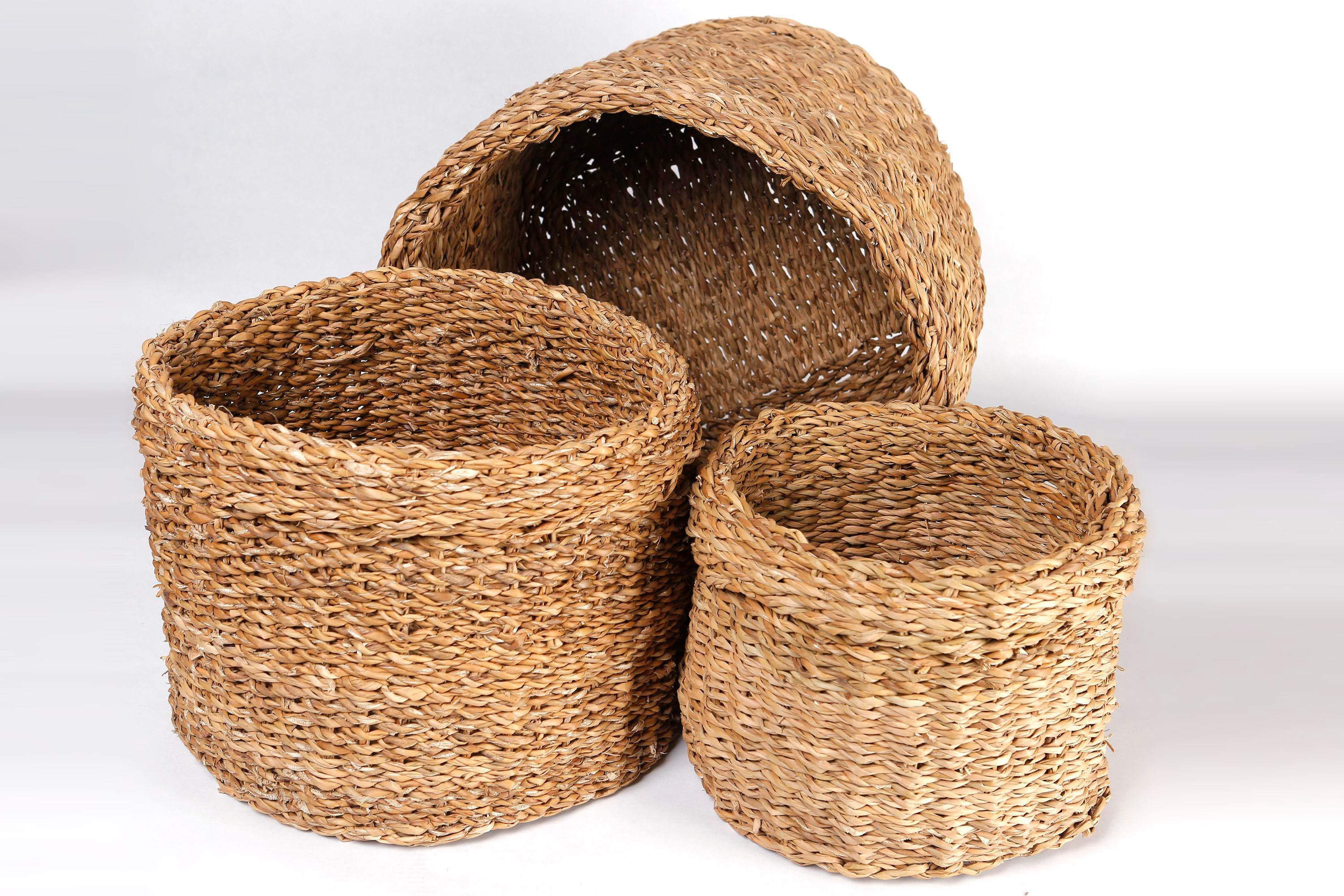 Metpoint Natura Dekoratif Natural Renk Yuvarlak Seagrass Kare Hasır Sepet 3'lü Set