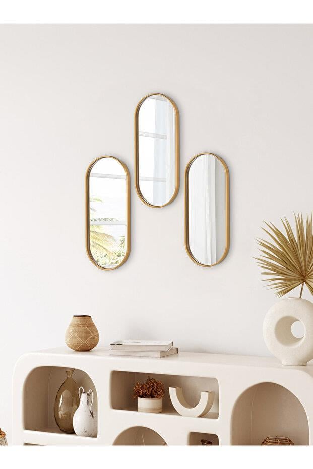 Metpoint Oval Aynalı Gold 3'lü 12x30 İkramlık Kahve ve Çay Sunum Tepsisi (Çok Amaçlı)