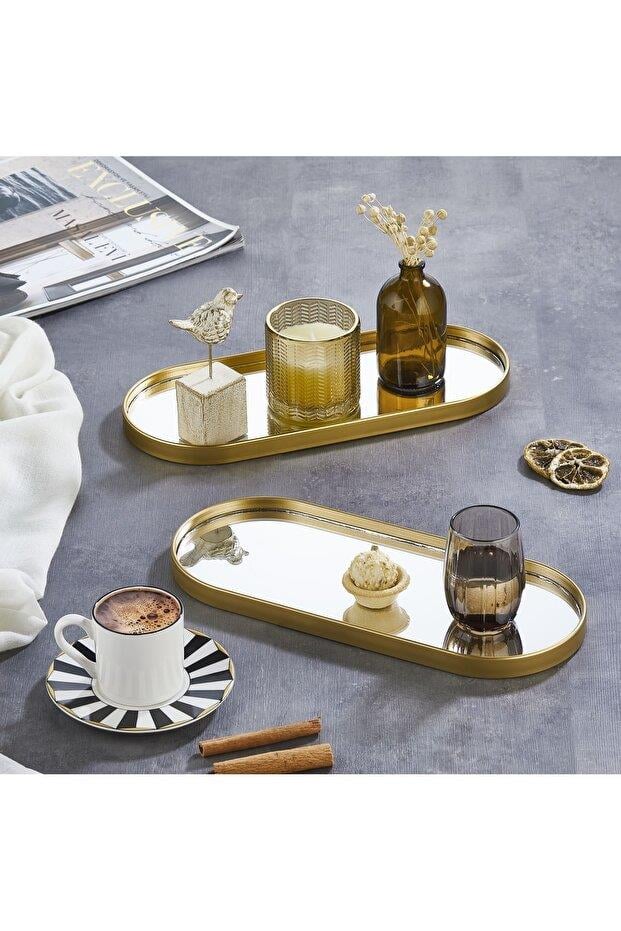 Metpoint Oval Aynalı Gold 3'lü 12x30 İkramlık Kahve ve Çay Sunum Tepsisi (Çok Amaçlı)