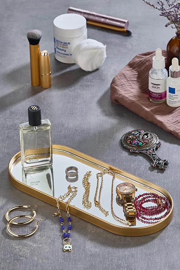 Metpoint Oval Aynalı Gold 3'lü 12x30 İkramlık Kahve ve Çay Sunum Tepsisi (Çok Amaçlı)