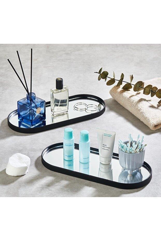 Metpoint Oval Aynalı Siyah 3'lü 12x30 İkramlık Kahve ve Çay Sunum Tepsisi (Çok Amaçlı)