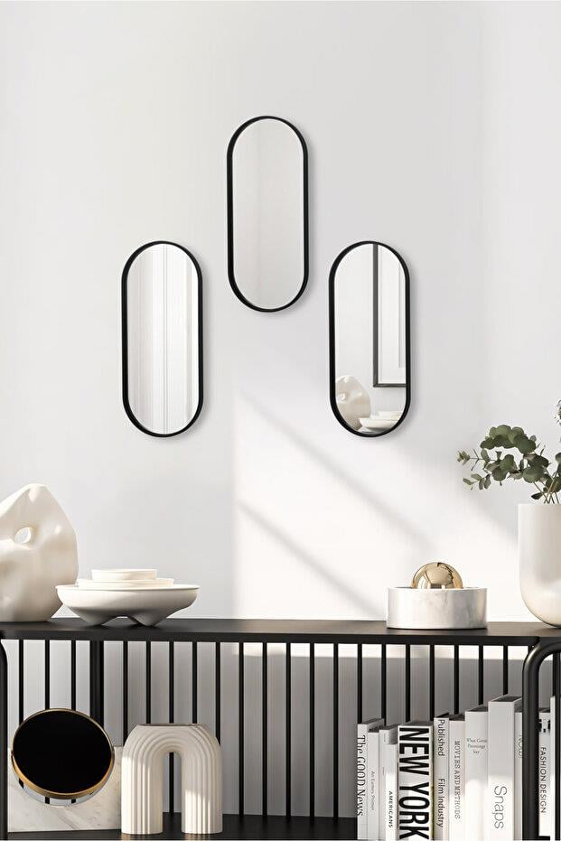 Metpoint Oval Aynalı Siyah 3'lü 12x30 İkramlık Kahve ve Çay Sunum Tepsisi (Çok Amaçlı)