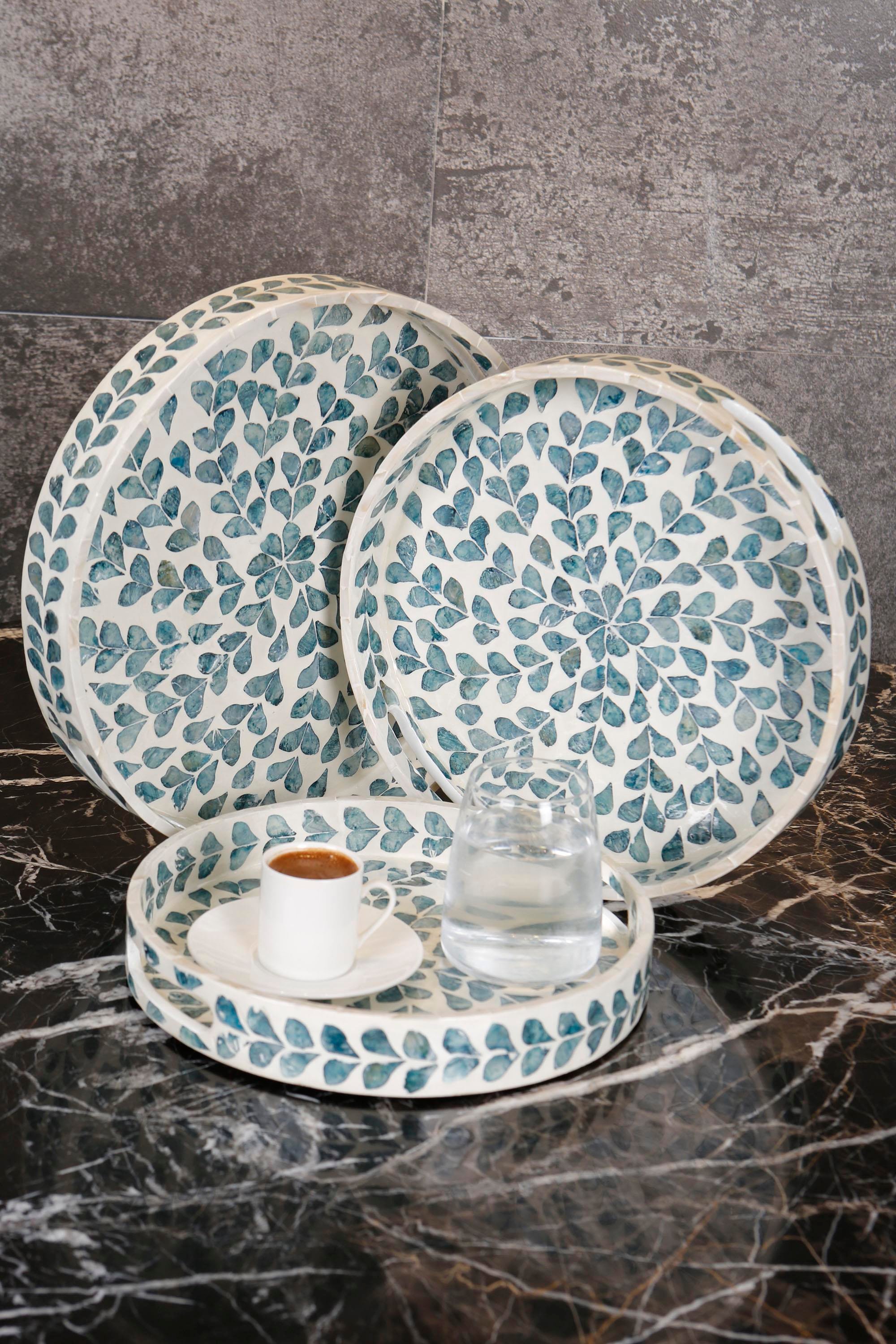 Metpoint Sedefli 3'lü İndigo Mavi Detaylı Tepsi Seti