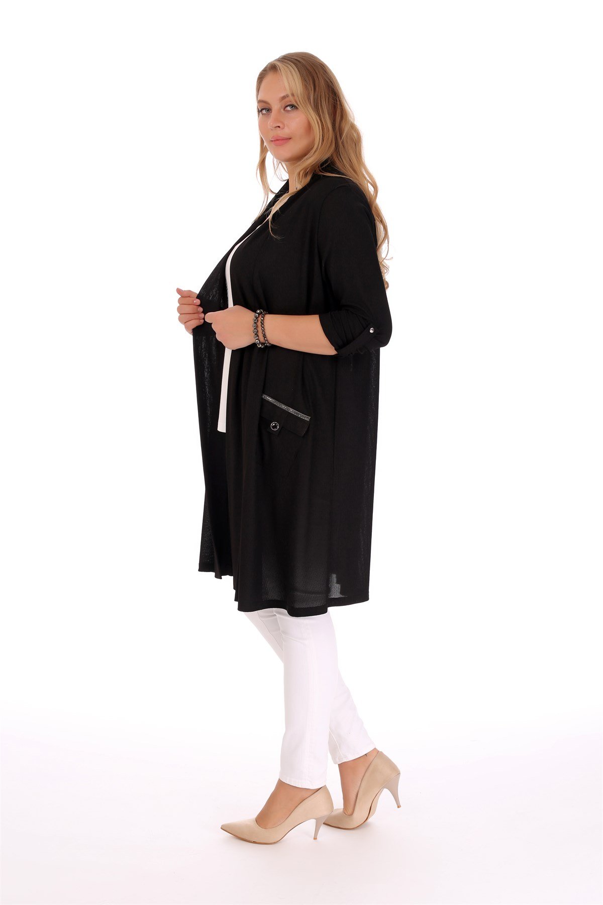 ÖN CEPLİ TAŞ ŞERİTLİ HIRKA SİYAH