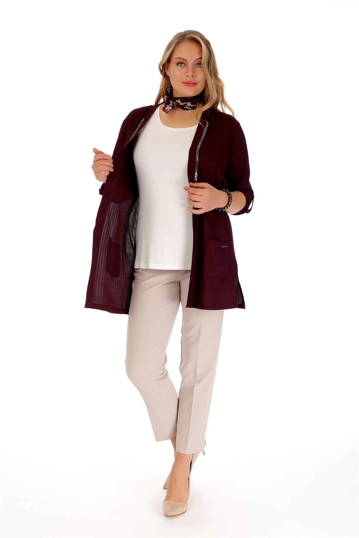 ÖN TAŞ ŞERİTLİ HIRKA BORDO