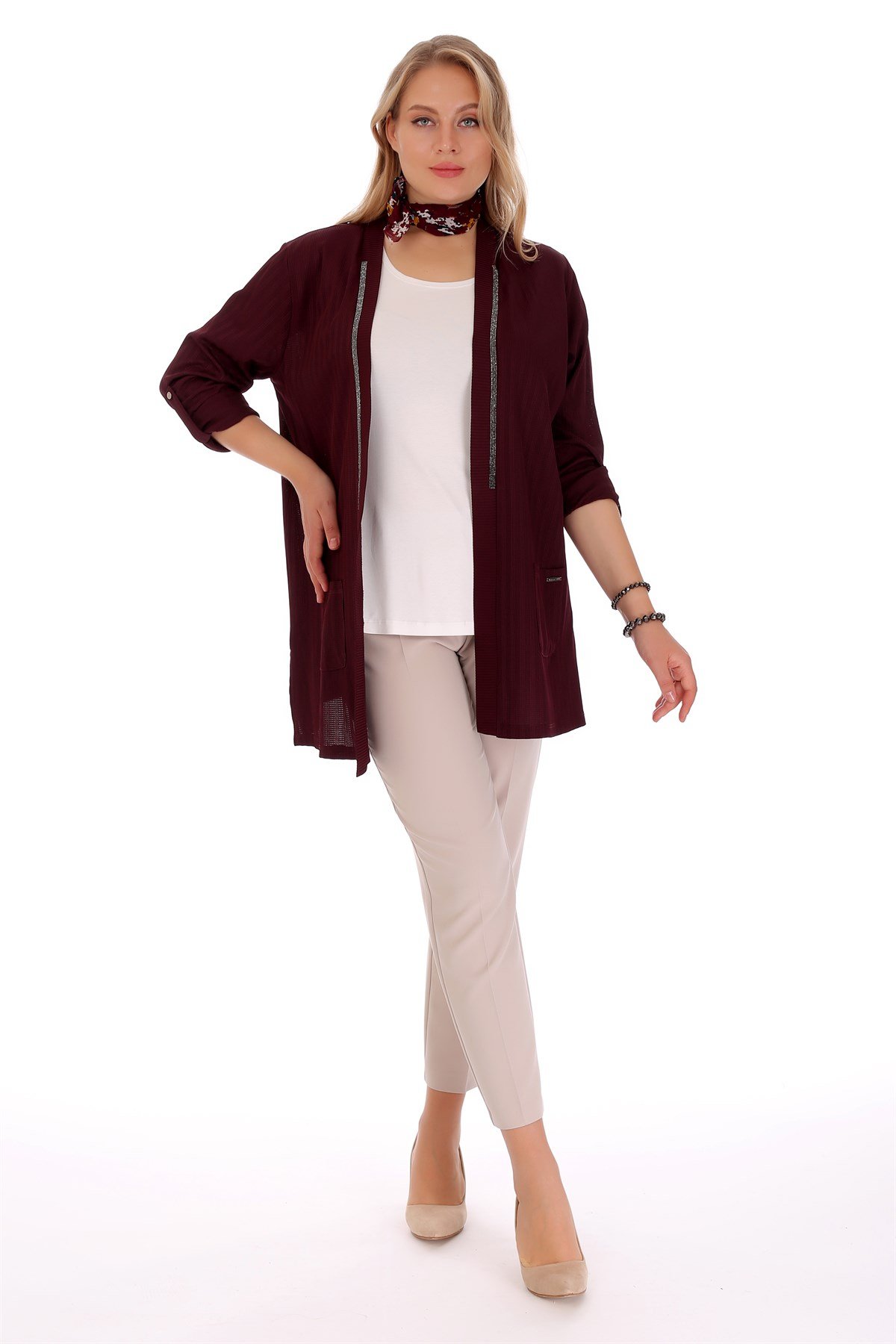 ÖN TAŞ ŞERİTLİ HIRKA BORDO