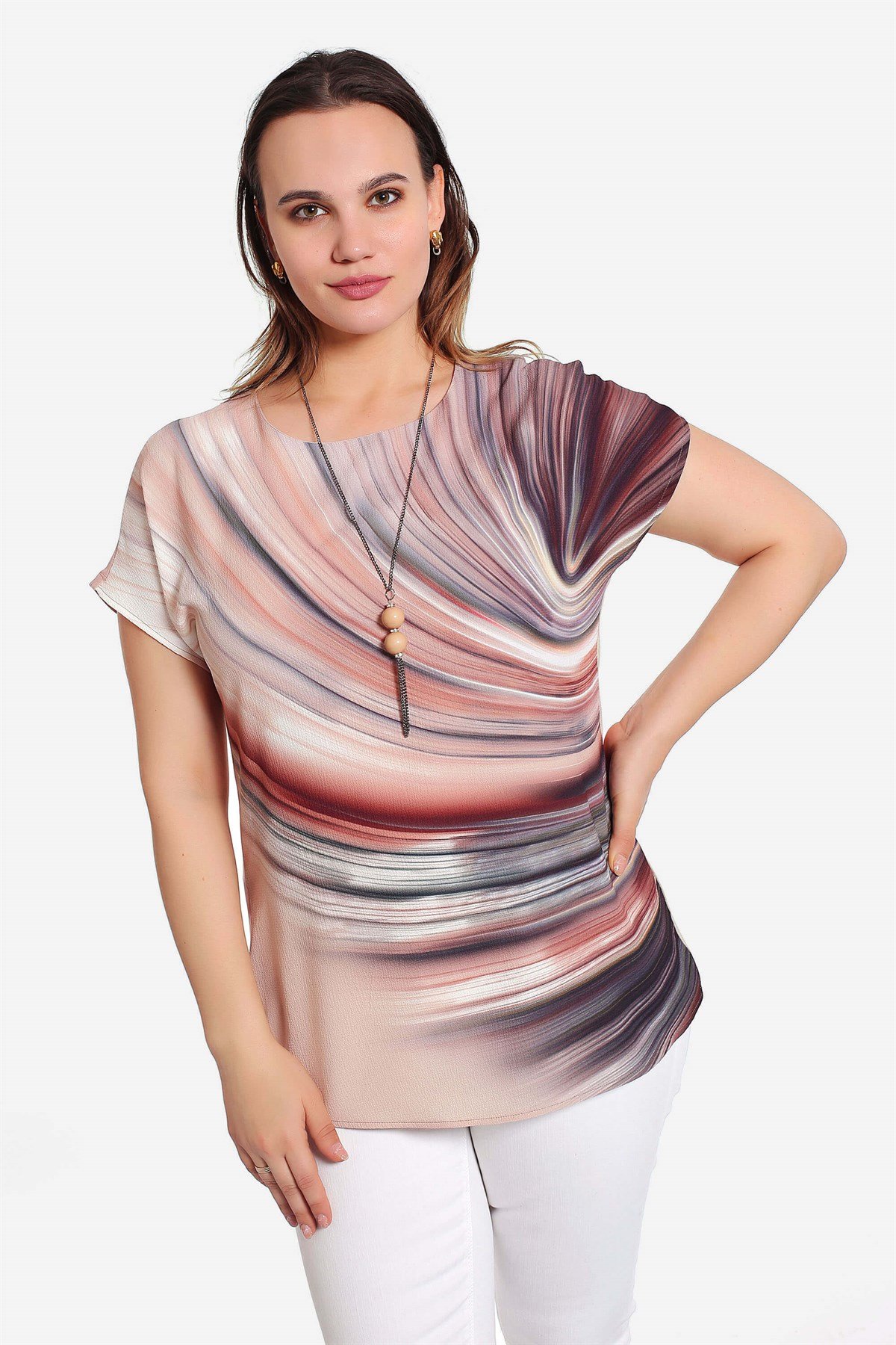 Pudra Dalga Desenli Düşük Kol Bluz