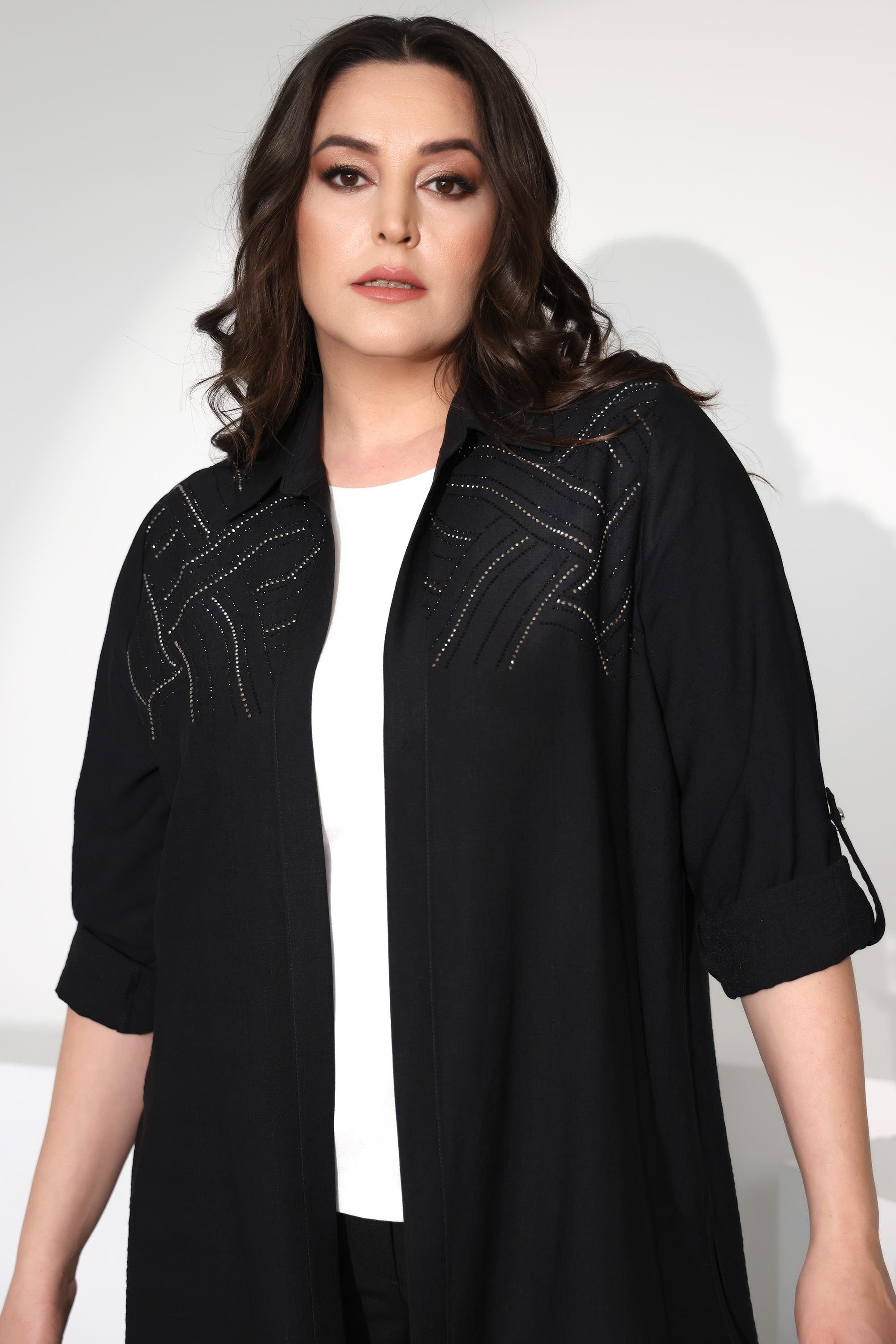 Tren42plus Büyük Beden Apoletli Robası Taş Baskılı Siyah İkili Takım