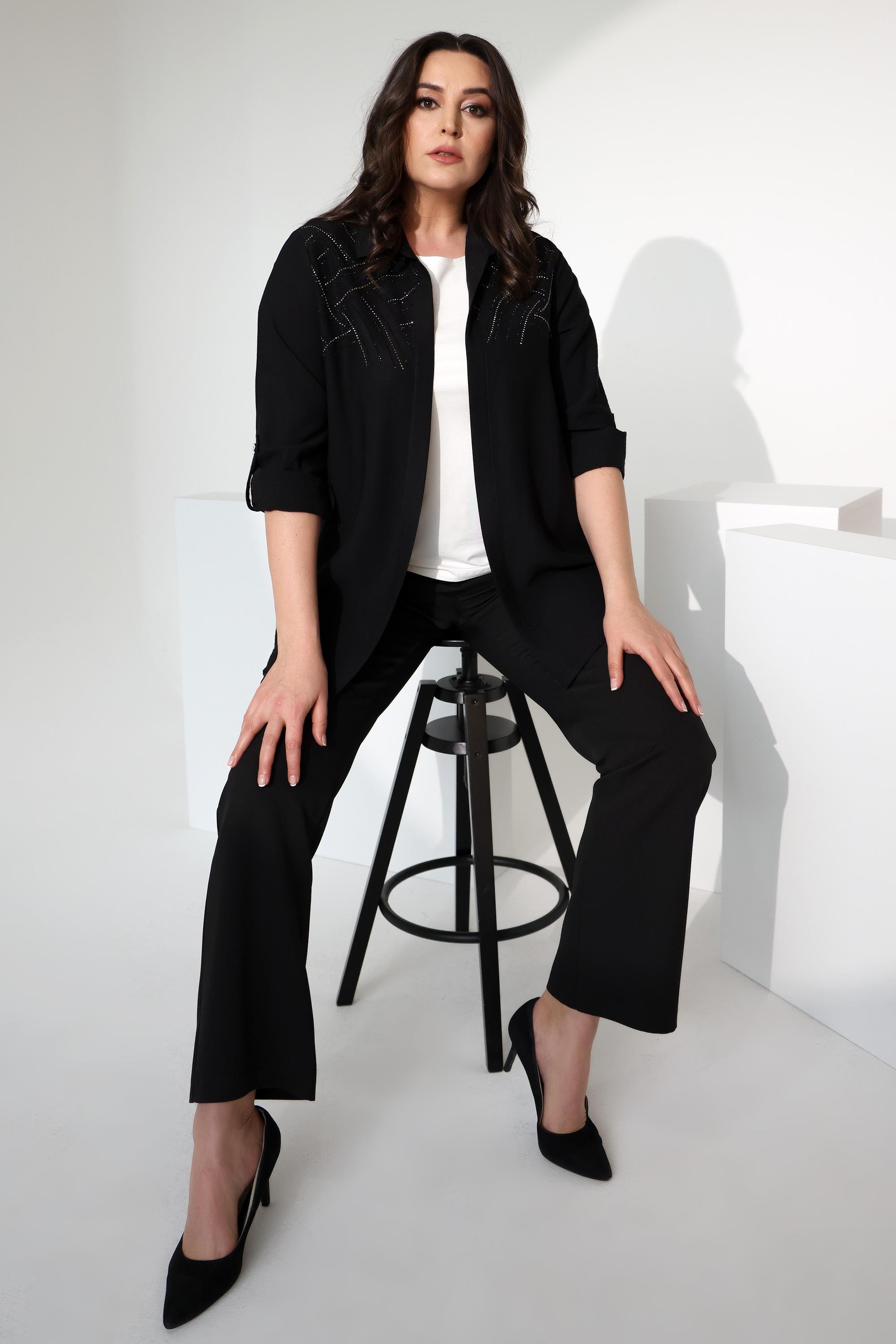 Tren42plus Büyük Beden Apoletli Robası Taş Baskılı Siyah İkili Takım