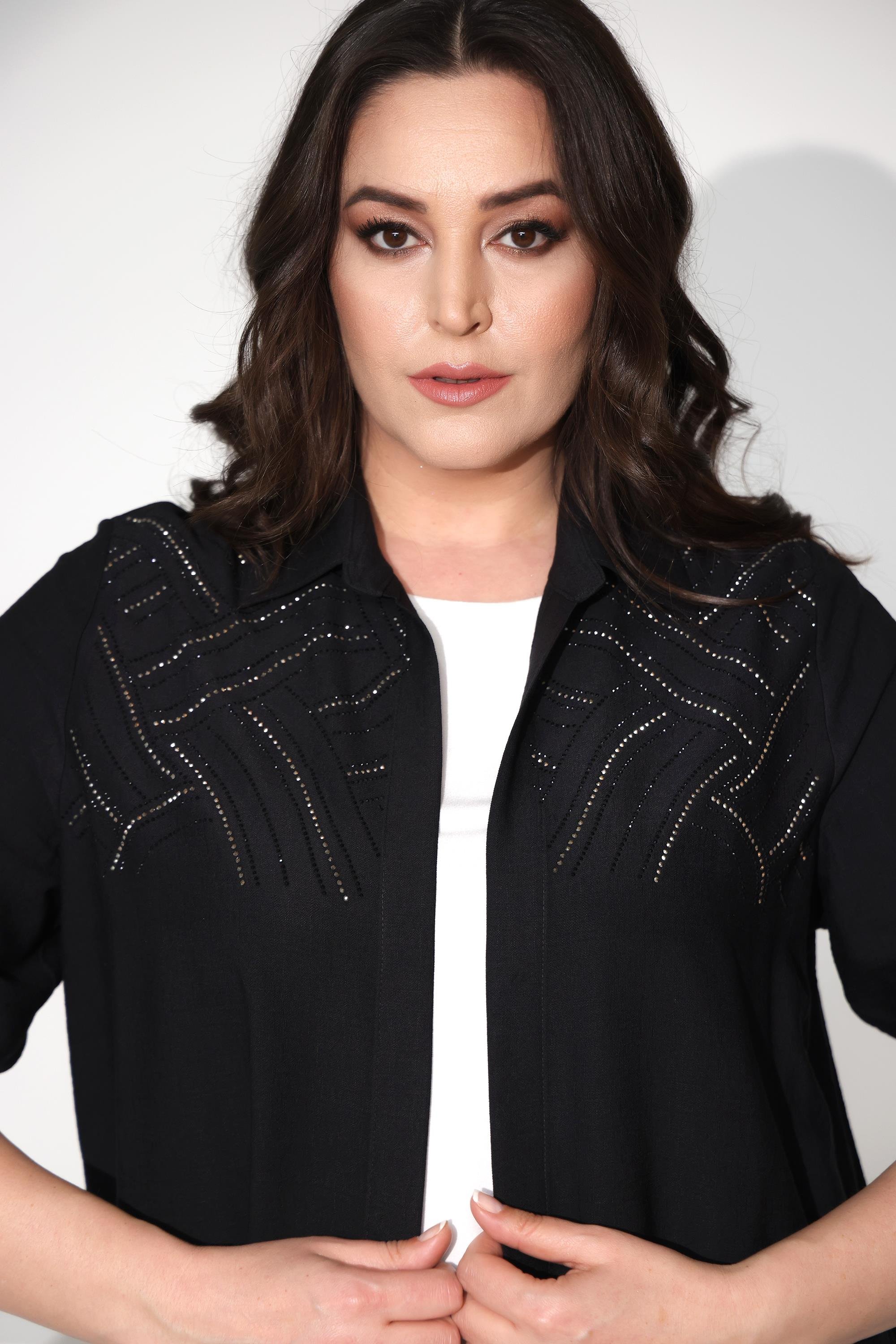 Tren42plus Büyük Beden Apoletli Robası Taş Baskılı Siyah İkili Takım