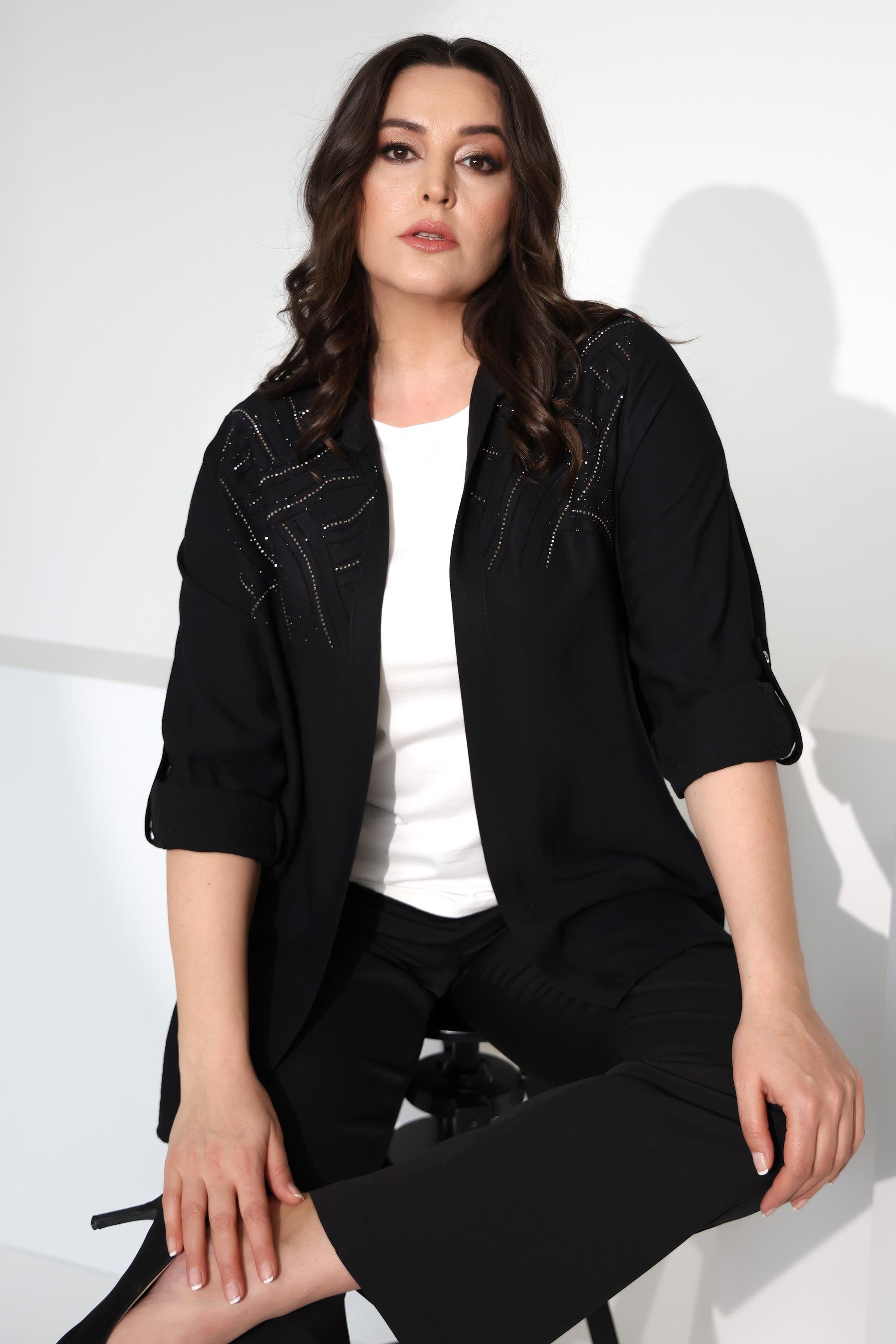 Tren42plus Büyük Beden Apoletli Robası Taş Baskılı Siyah İkili Takım