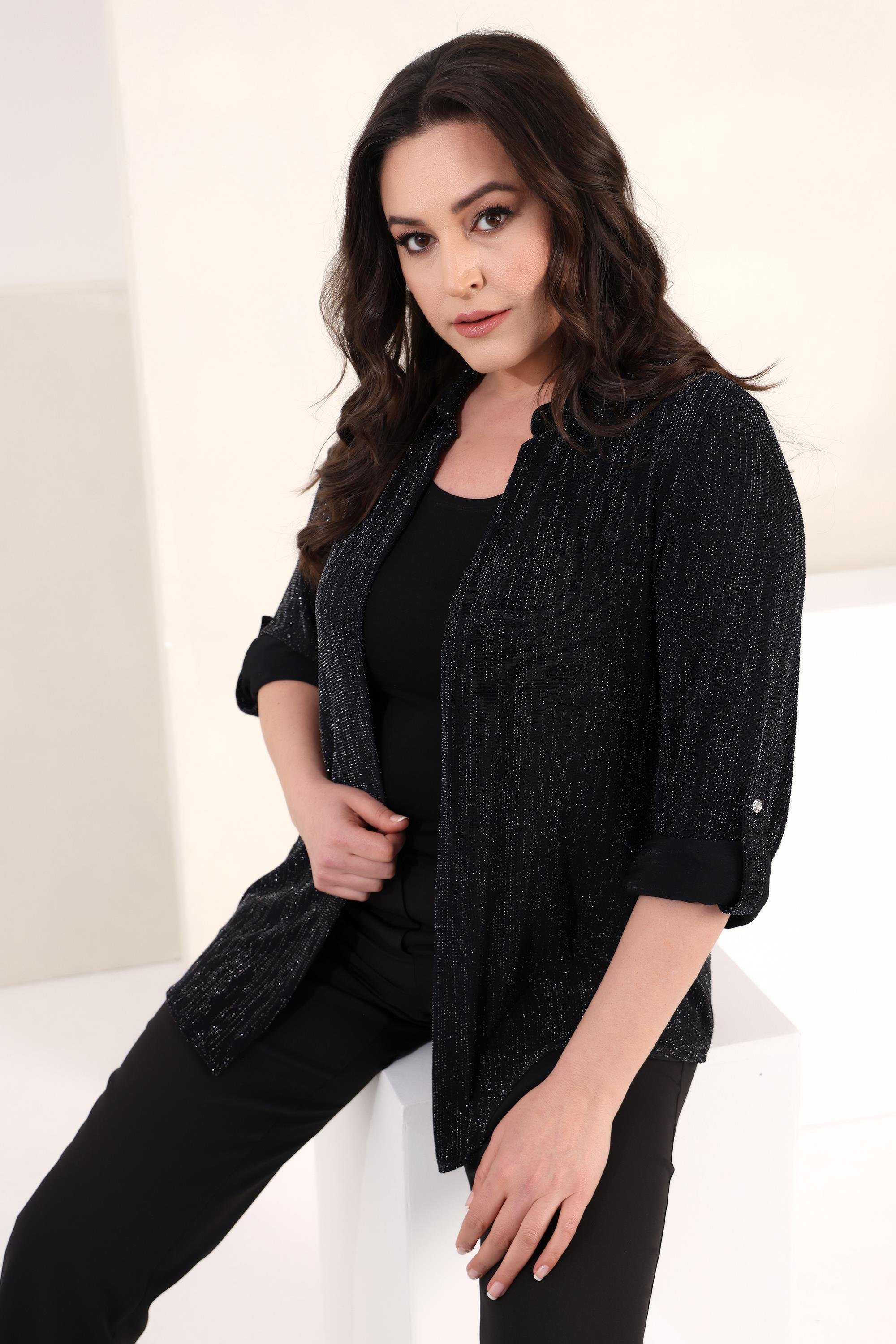 Tren42plus Büyük Beden Apoletli Simli Siyah İkili Takım