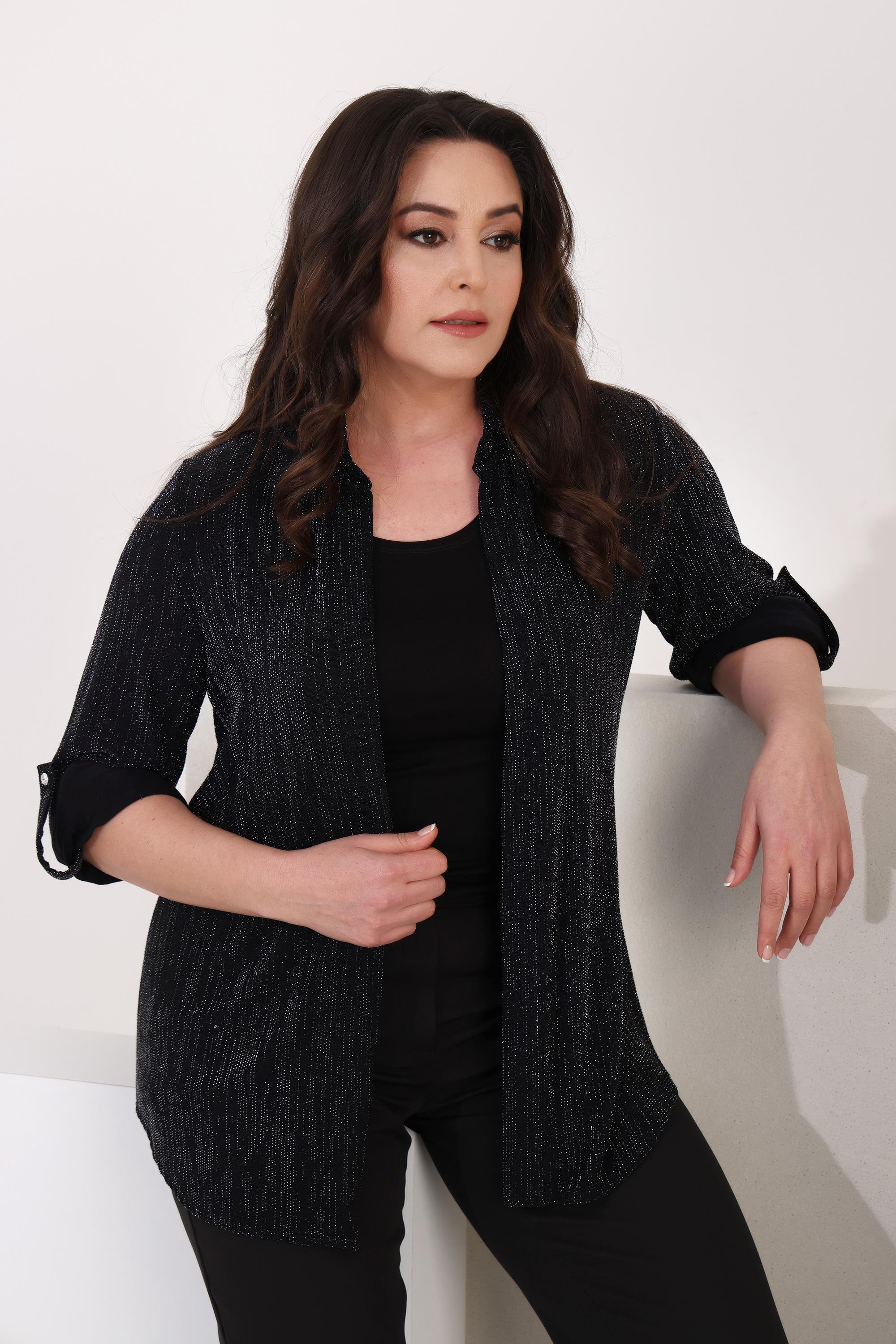 Tren42plus Büyük Beden Apoletli Simli Siyah İkili Takım