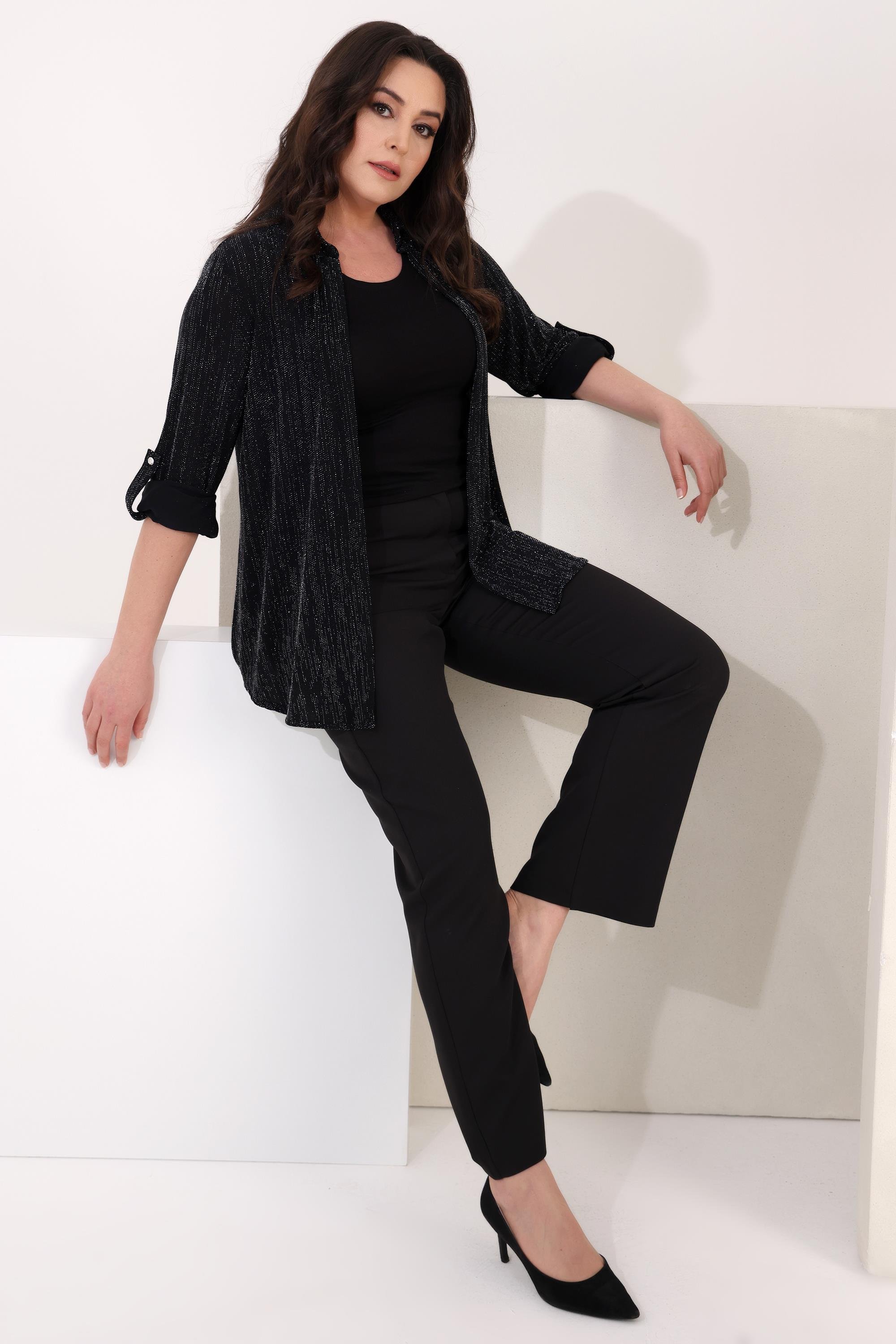 Tren42plus Büyük Beden Apoletli Simli Siyah İkili Takım