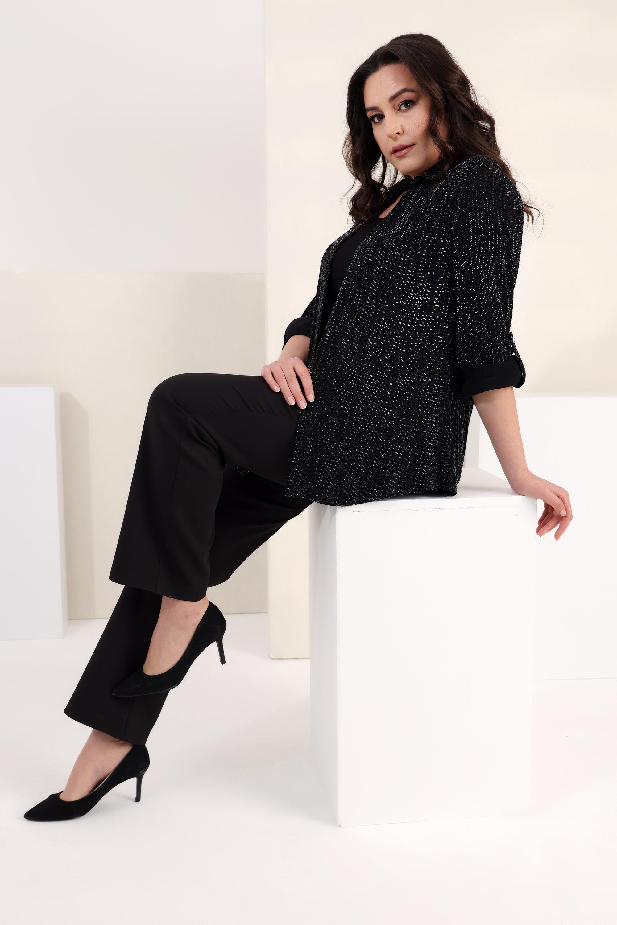 Tren42plus Büyük Beden Apoletli Simli Siyah İkili Takım