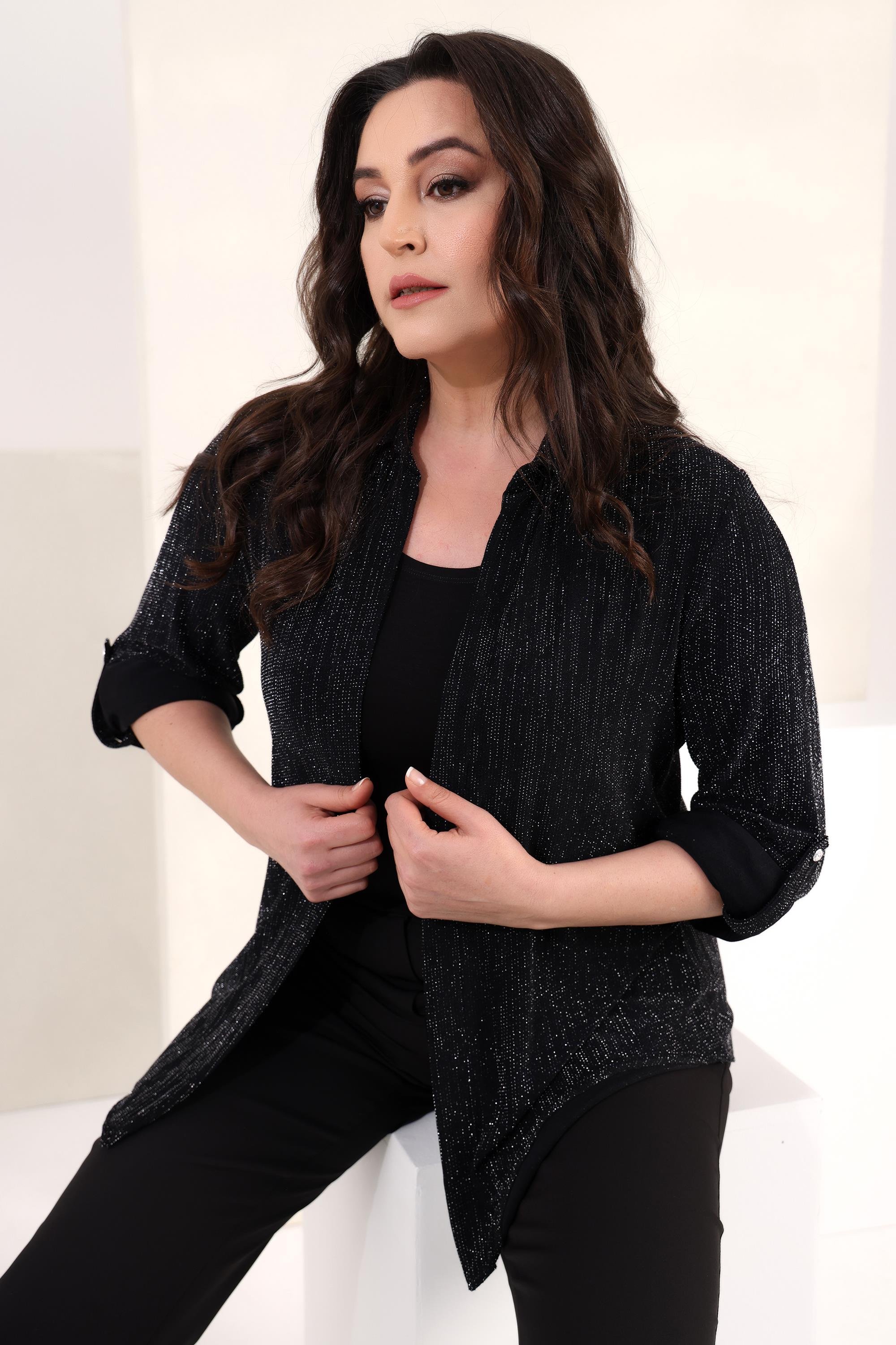 Tren42plus Büyük Beden Apoletli Simli Siyah İkili Takım