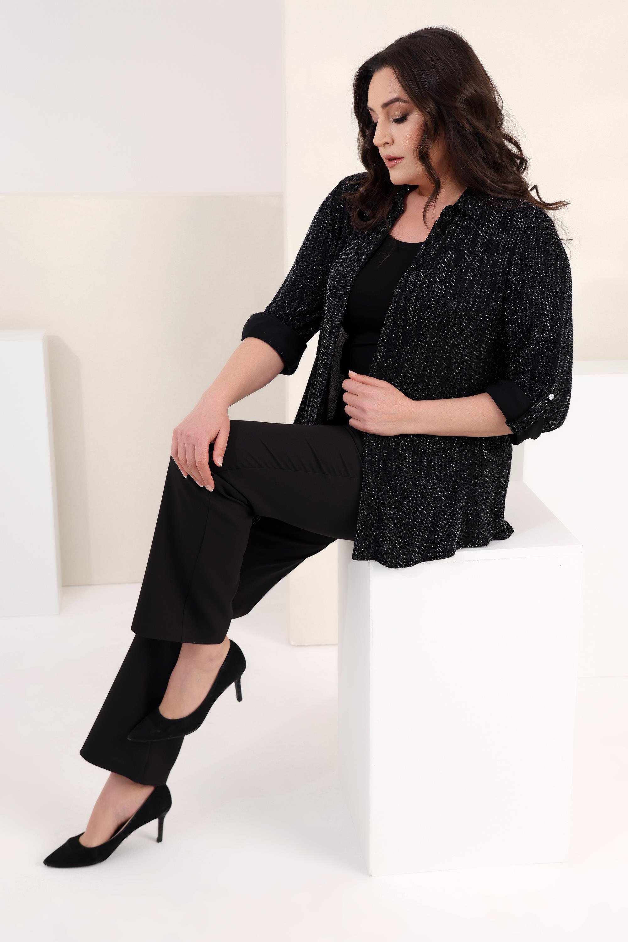 Tren42plus Büyük Beden Apoletli Simli Siyah İkili Takım