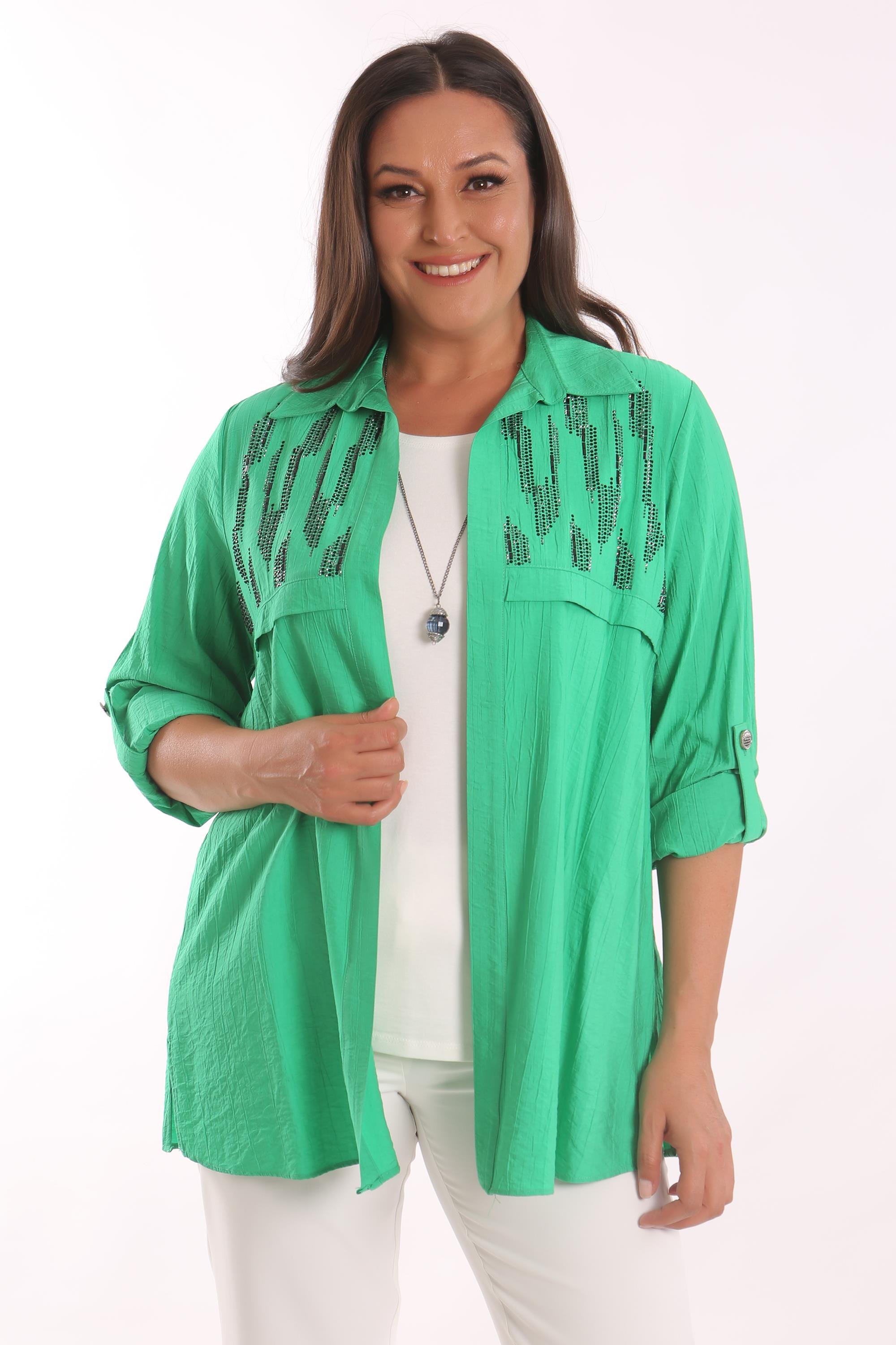 Tren42plus Büyük Beden Ön Roba Taş Detaylı Yeşil Takım