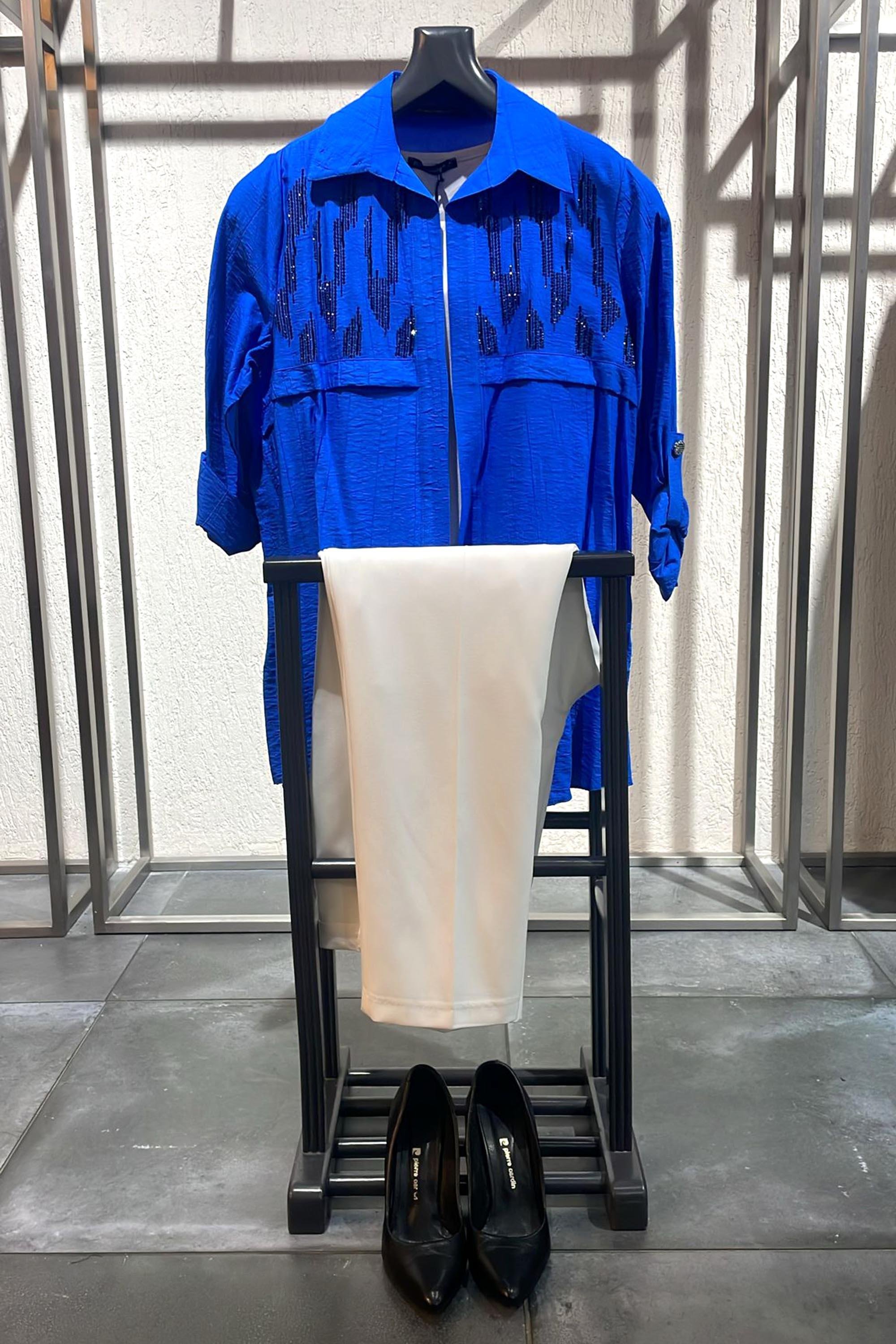 Tren42plus Büyük Beden Ön Roba Taş Detaylı Saks Takım