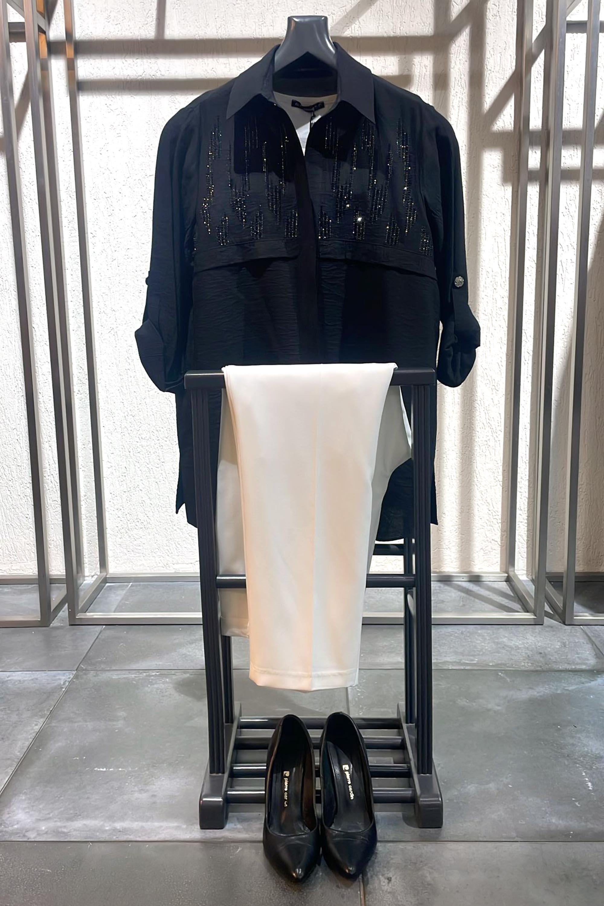 Tren42plus Büyük Beden Ön Roba Taş Detaylı Siyah Takım