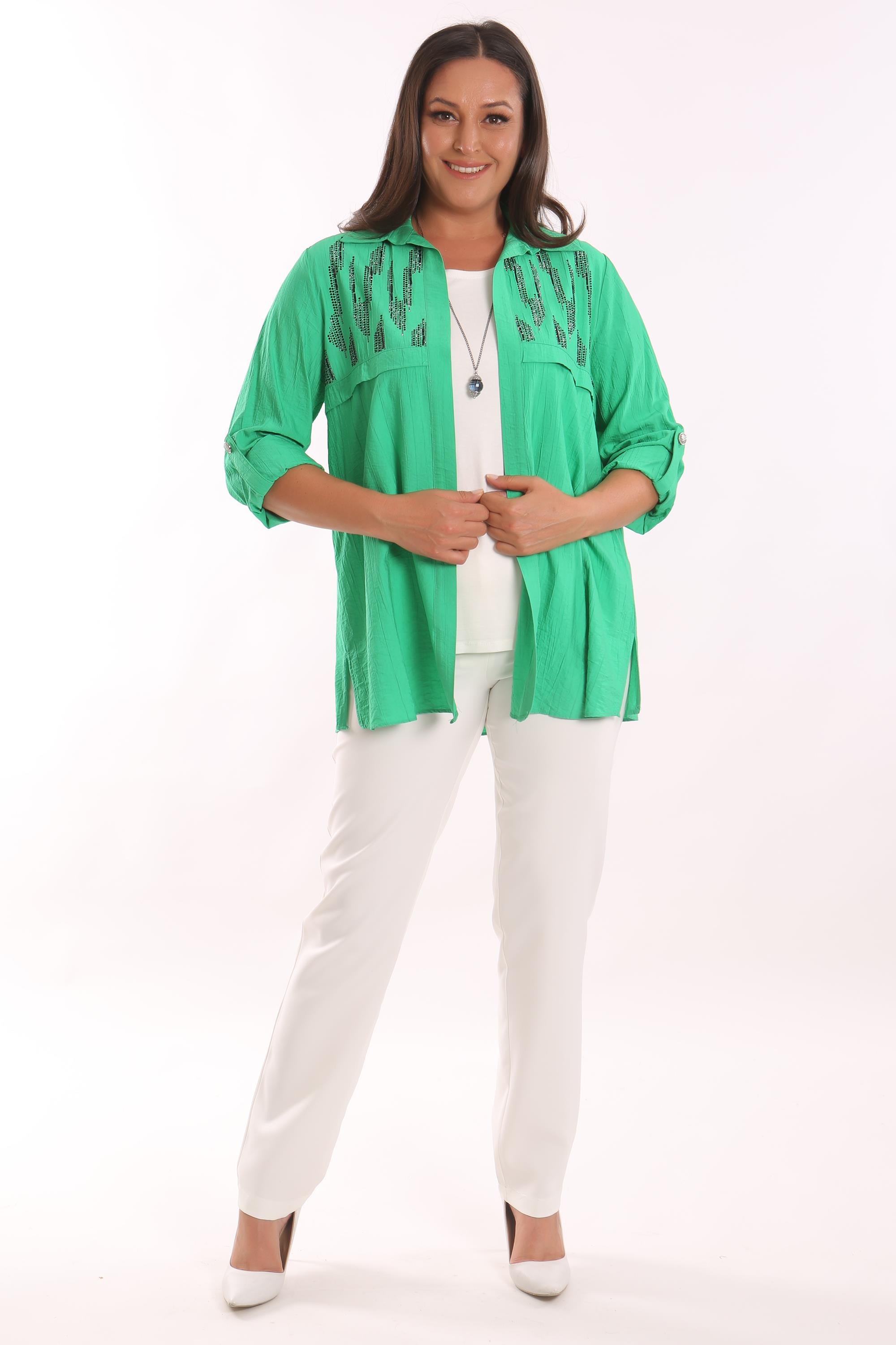 Tren42plus Büyük Beden Ön Roba Taş Detaylı Yeşil Takım