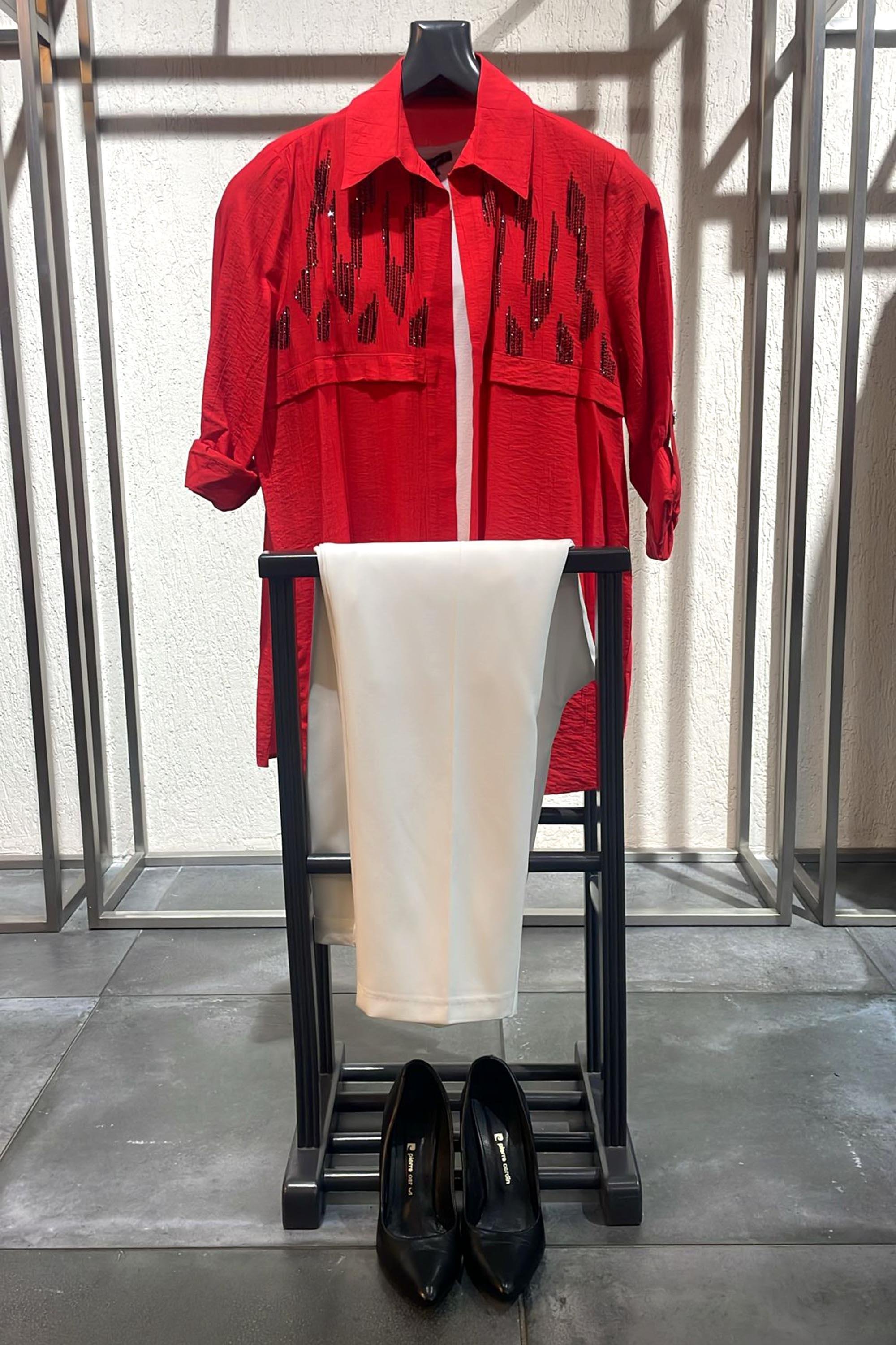 Tren42plus Büyük Beden Ön Roba Taş Detaylı Kırmızı Takım