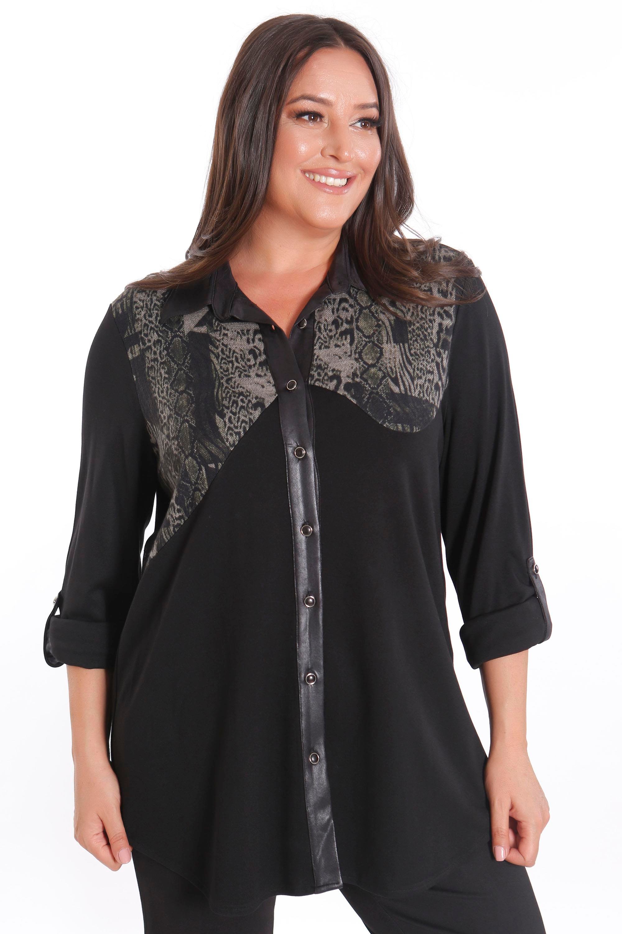 Trend42plus Büyük Beden Asimetrik Kesim Örme Haki Gömlek